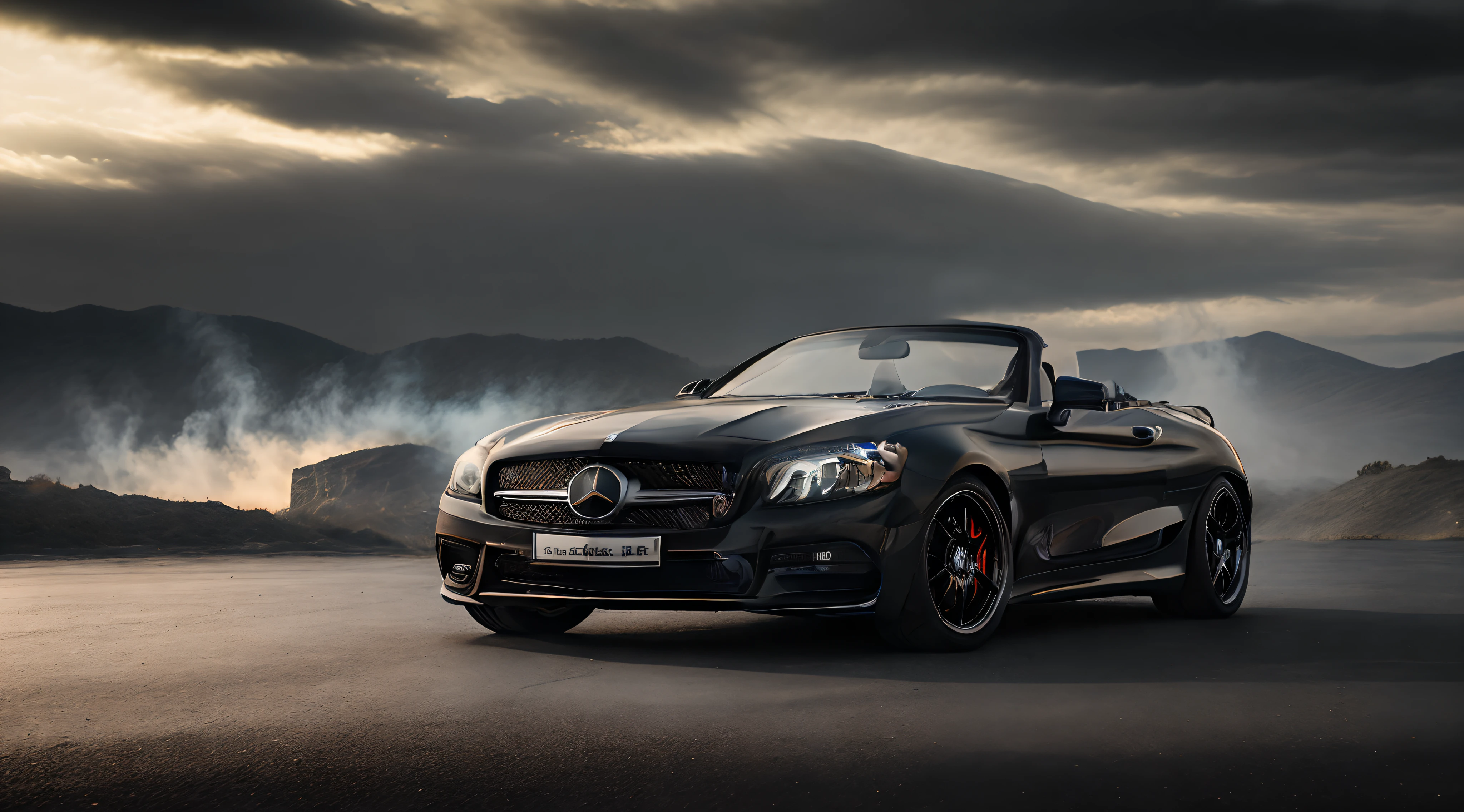 arafed black mercedes convertible parked on a road with smoke coming out of the back, automotive photography, vehicle photography, car photography, auto photography, mercedez benz, black car, cinematic front lightning, cinematic front shot, hq 4k wallpaper, photo render, wide portrait, car commercial photograph, convertible, photorender, photographic render, mercedes, with cinematic lighting