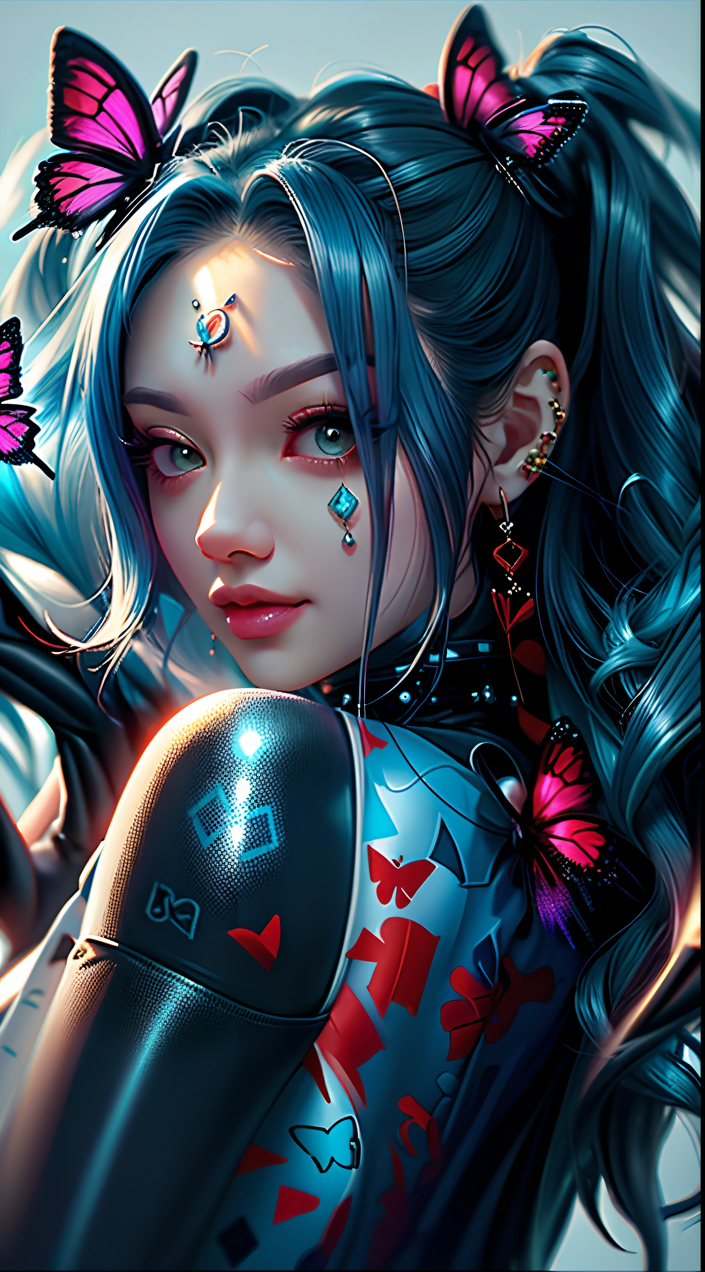 um close up de uma mulher com cabelo de borboleta e piercings, Estilo Ross Tran, Ross Tran 8 K, Loish e Ross Tran, No estilo de Ross Tran, bela arte digital, inspirado em Ross Tran, Arte no estilo de Guweiz, Rossdraw 1. 0, Tran Ross!!!, arte digital detalhada bonito, RossDraw Retrato