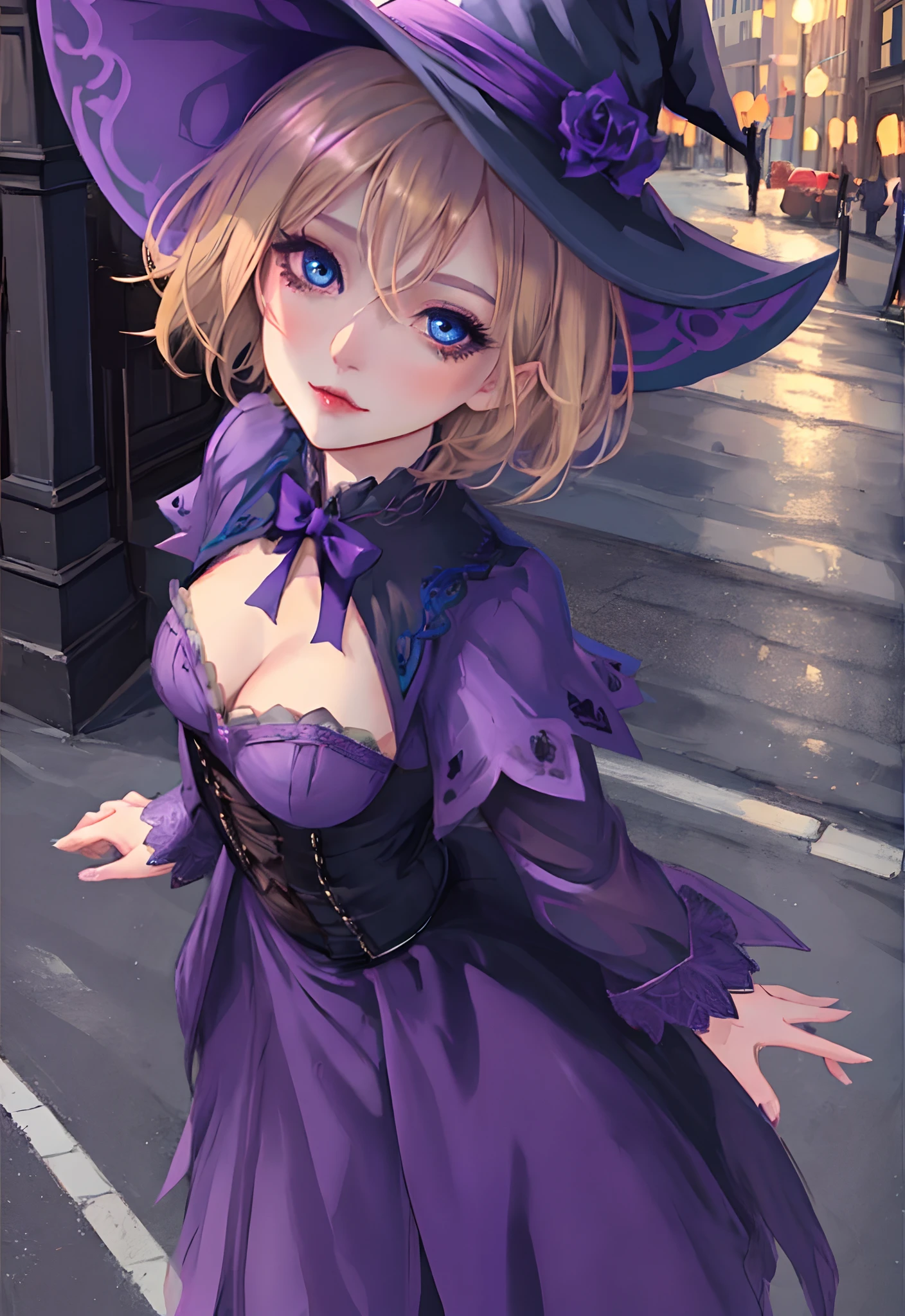 top angle view, Short girl, short blond hair, gothic purple witch cosplay, beautiful blue eyes, skinny, low smile, into the street environment, little witch hat, cleavage, small waist, beautiful detailed eyes, focus on face, fisheye effect camera, cute colors, cute draw