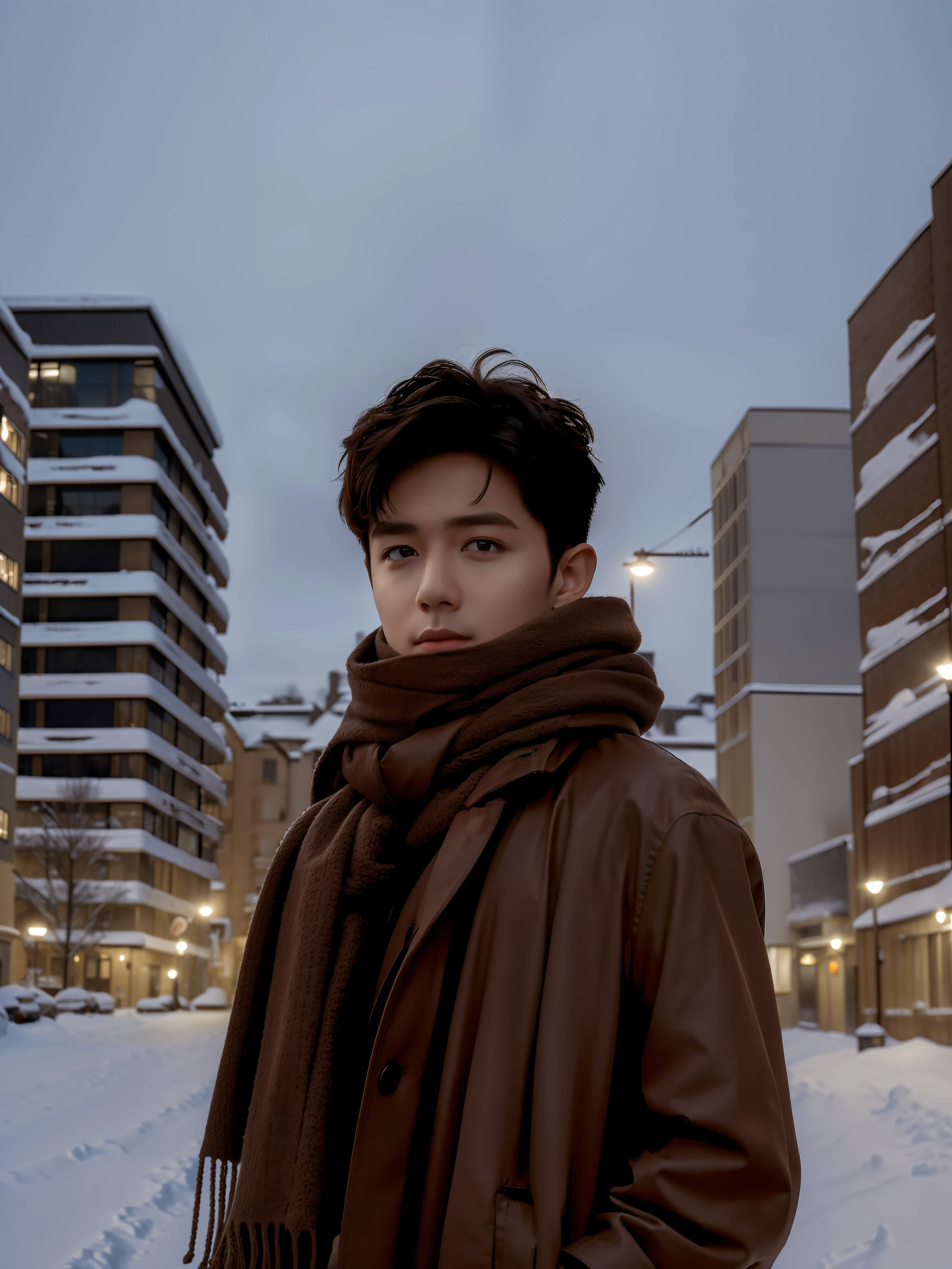 best quality, masterpiece, (photorealistic:1.4), 1boy, solo, short hair, big eyes, brown coat,scarf, ((upper body:1.3)), dramatic lighting, looking at viewer, standing, outdoors, snow, cityscape, streets, buildings,