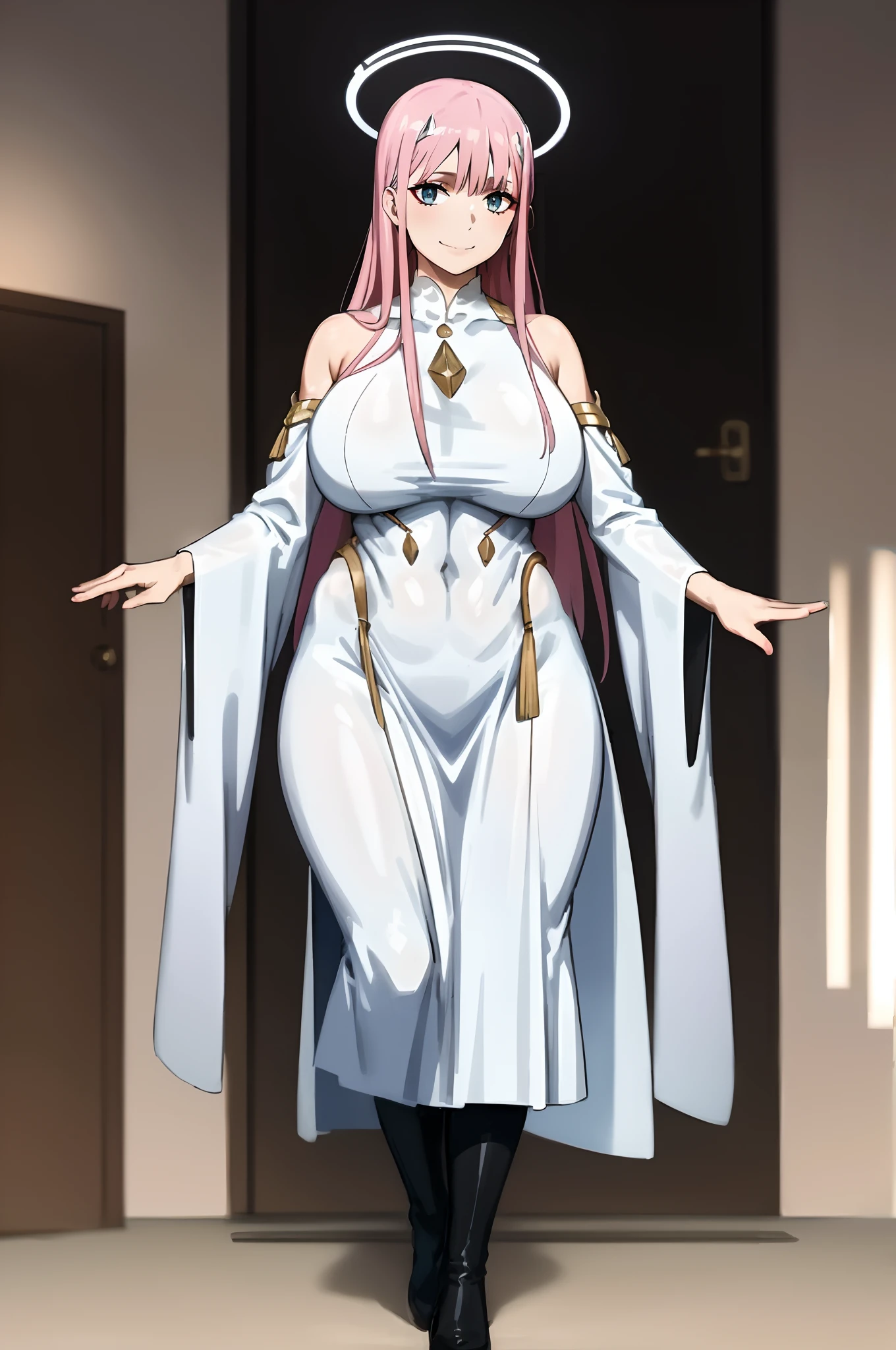Zero Two, dress, sun halo, holy, smile, medium breast, priestess, full body, walking, divine aura, sun halo, solar halo, long skirt, porcelain skin, ethereal, graceful movement, flowing golden hair, radiant beauty, enchanting gaze, serene expression, soft sunlight, angelic presence, celestial atmosphere, mystical background, celestial light, glowing halo, gentle breeze, ethereal glow, captivating aura, divine radiance, natural beauty, sublime elegance, heavenly charm, peaceful countenance, harmonious surroundings, ethereal grace, mesmerizing presence, transcendent allure, magical serenity, serene and majestic, radiant happiness, heavenly enchantment, delicate features, elegant posture, celestial maiden, otherworldly presence, serene and ethereal, divine embodiment, celestial being, spiritual tranquility, mesmerizing beauty, ethereal goddess, radiant purity. Preparing SeaArt Bot Txt2Img Default 21:19:45, green eyes, white robe, large skirt, long skirt, longeyelashes, solid circle eyes, light smile, ear blush, fang, Surrealism, drop shadow, anaglyph, stereogram, tachi-e, pov, atmospheric perspective, 8k, super detail, ccurate, best quality, best quality, high quality, super detail, anatomically correct, retina, UHD, masterpiece, high details, award winning, highres, textured skin, ccurate, venus body,medieval clothing, dark atmosphere, ornate details, dim lighting, dramatic shadows, mysterious aura, intricate lace patterns, porcelain skin, bewitching gaze, elegant posture, majestic presence, flowing silhouette, gothic architecture, candlelit hauntingly beautiful, enchanting presence, ethereal ambiance, alluring expression, intense sensuality, exquisite jewelry, supernatural allure, captivating aura, sensual curves, full body, boots, happy, smile, boots, standing pose, black cape