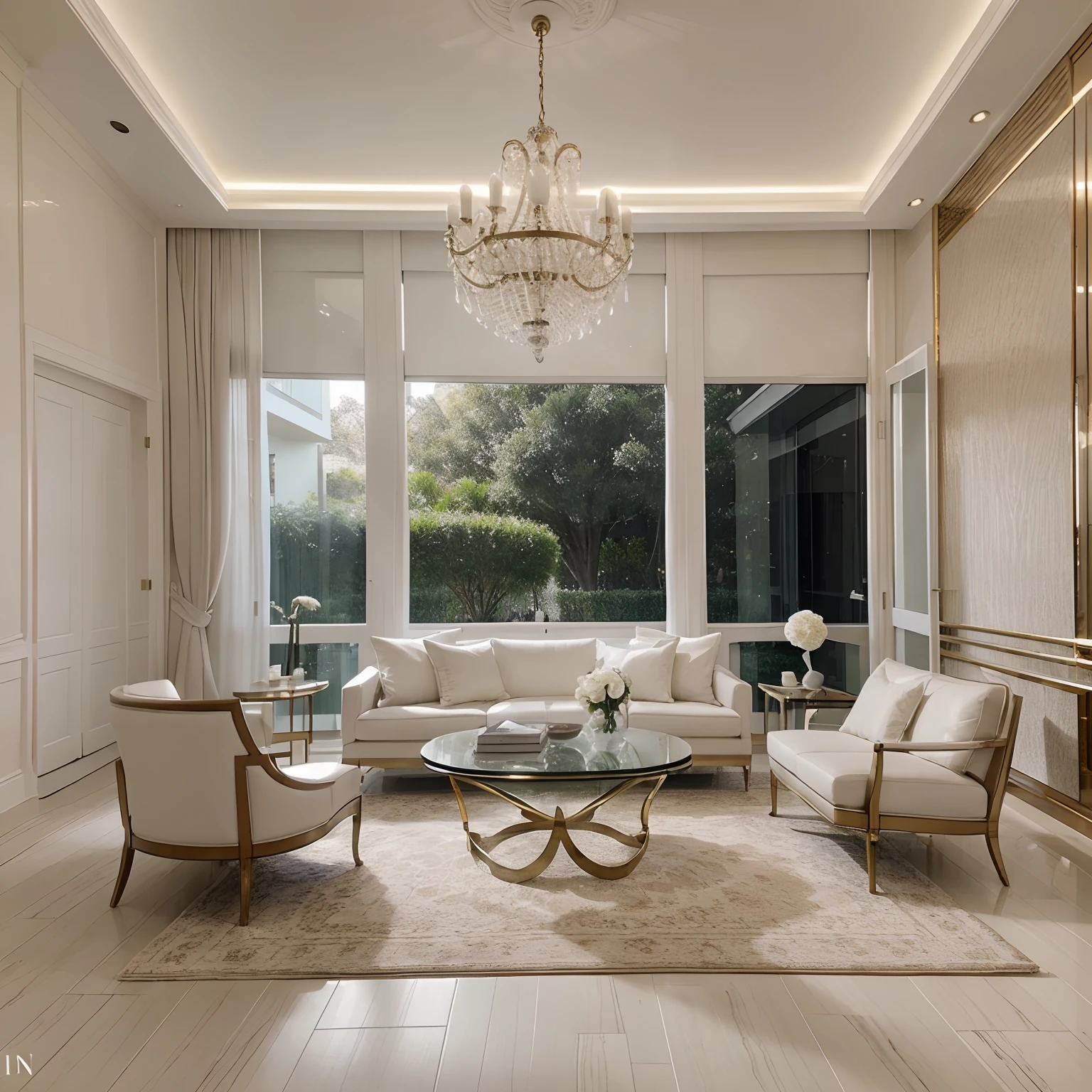 "A realistic photograph of a stylish, contemporary room, banhada por uma luz suave que emana de lustres sofisticados e intricadamente desenhados pendurados no teto alto e branco. Modern Furniture, Rich and chic adorn the space, with a neutral and white color palette that evokes a sense of modernity and luxury. Plantas verdes exuberantes acrescentam um toque de frescor e vivacidade ao ambiente, Creating a harmonious balance between modern sophistication and natural beauty. Cada detalhe da sala, from the dazzling chandeliers to the elegant furnishings, Exudes undeniable refinement, Capturing the essence of luxurious modernity."