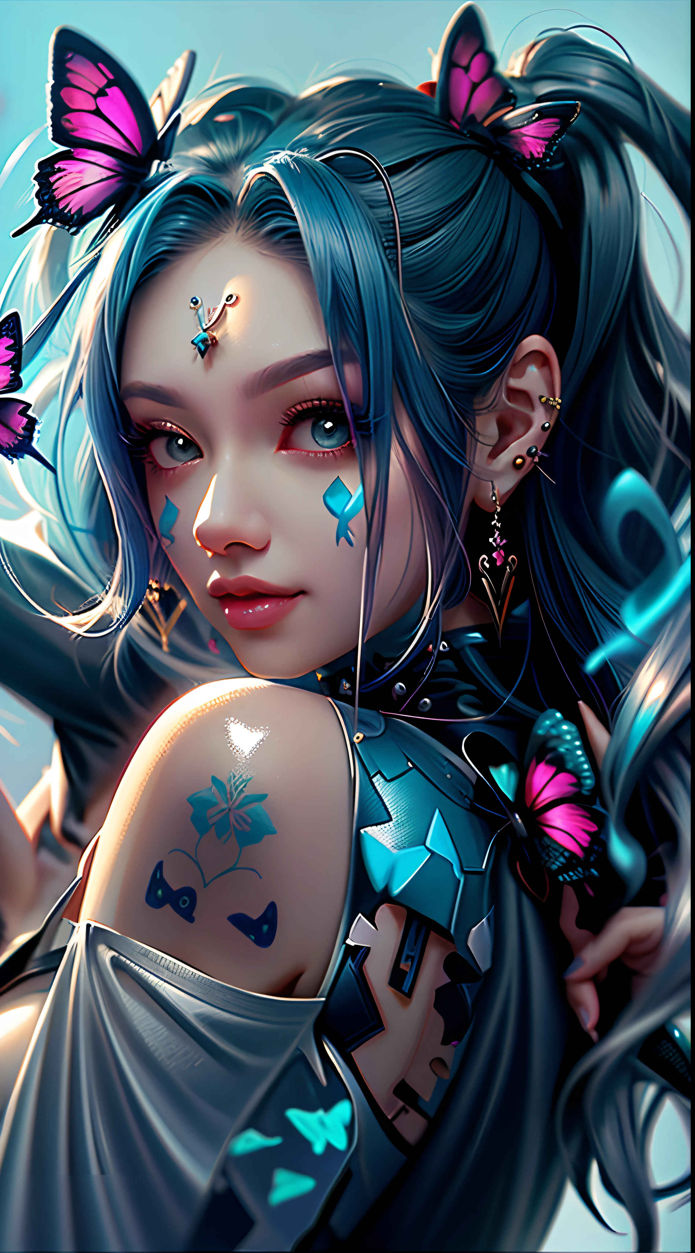 um close up de uma mulher com cabelo de borboleta e piercings, Estilo Ross Tran, Ross Tran 8 K, Loish e Ross Tran, No estilo de Ross Tran, bela arte digital, inspirado em Ross Tran, Arte no estilo de Guweiz, Rossdraw 1. 0, Tran Ross!!!, arte digital detalhada bonito, RossDraw Retrato