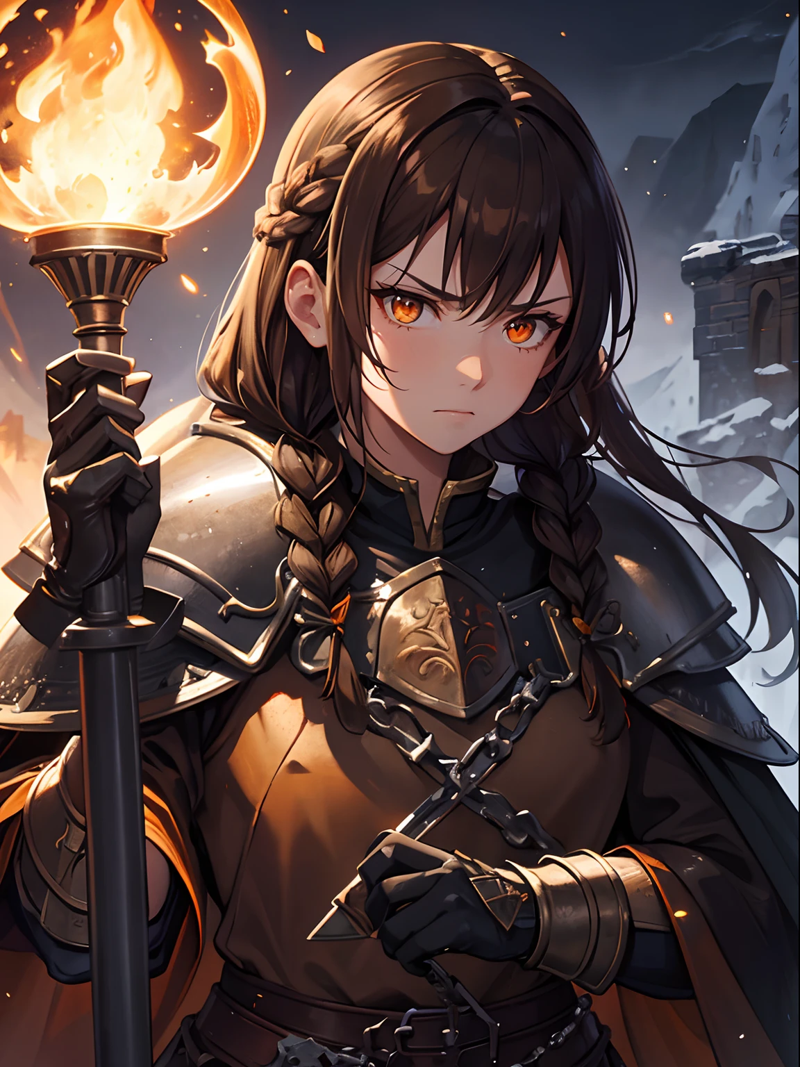 Close up, fantasy world, medieval, night, dark, stone path, fields, snow, adult woman, dirty, guard, long brown hair, brown hair braids, orange eyes, annoyed look, raised eyebrow, orange tunic, armour, steel plate shoulders, gauntlets, chainmail, brown cloak, patrolling, holding fire torch