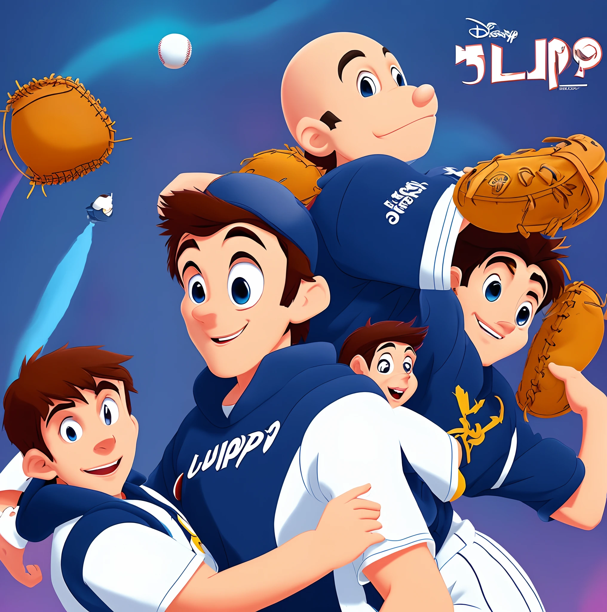 Creste a Disney animated movie poster with the title being “ Lupo.” the animation is a male teenage Hispanic person hiding from a big bald white male wearing a baseball uniform