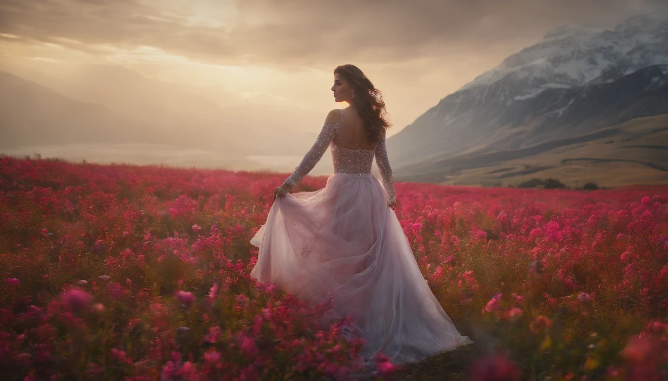 Uma bela princesa de vestido regando flores coloridas em um planeta. Ao fundo, You can see the mountainous landscape of the planet in pastel tones. The lighting is soft and dreamlike. The quality of the 3D rendering is extremely detailed and realistic in 8K resolution."