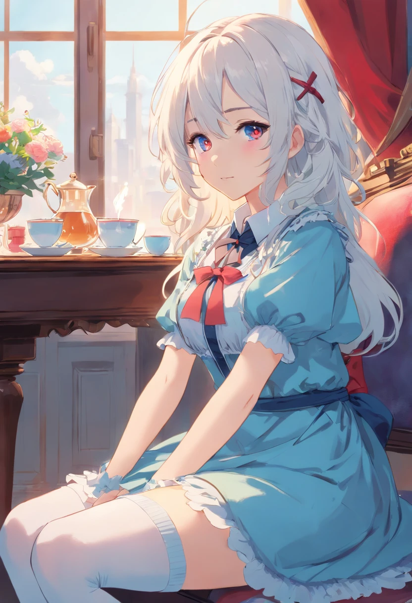 masterpiece, best quality, movie still, 1boy, long (curly) (white) hair, (red) eyes (cross pupils), (flat chest), (victorian) (pastel blue) dress, (thigh highs), (dynamic) background, (cute), (sitting), tea party