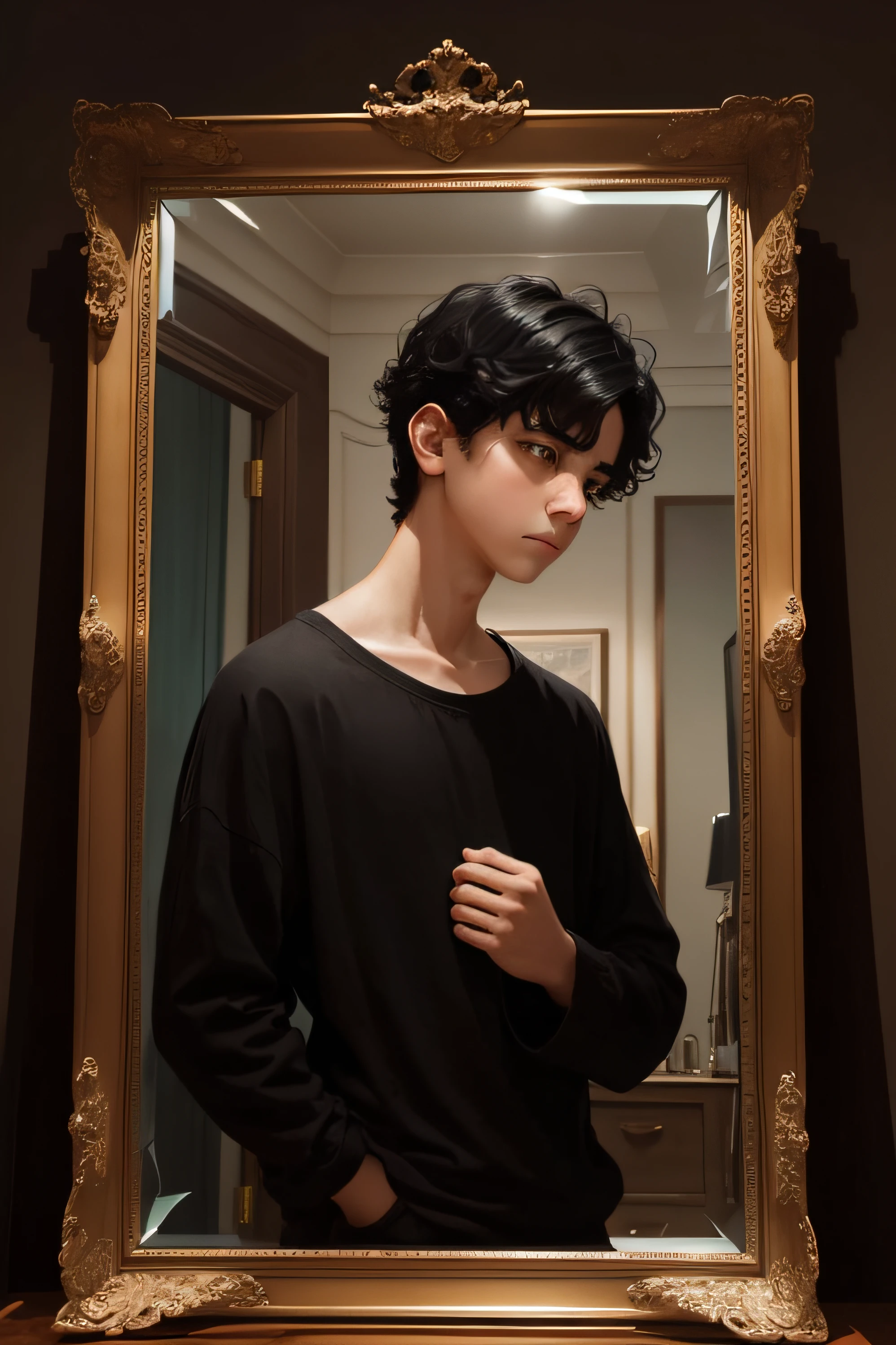 sad black haired boy looking in the mirror, with reflection,impressionalism style