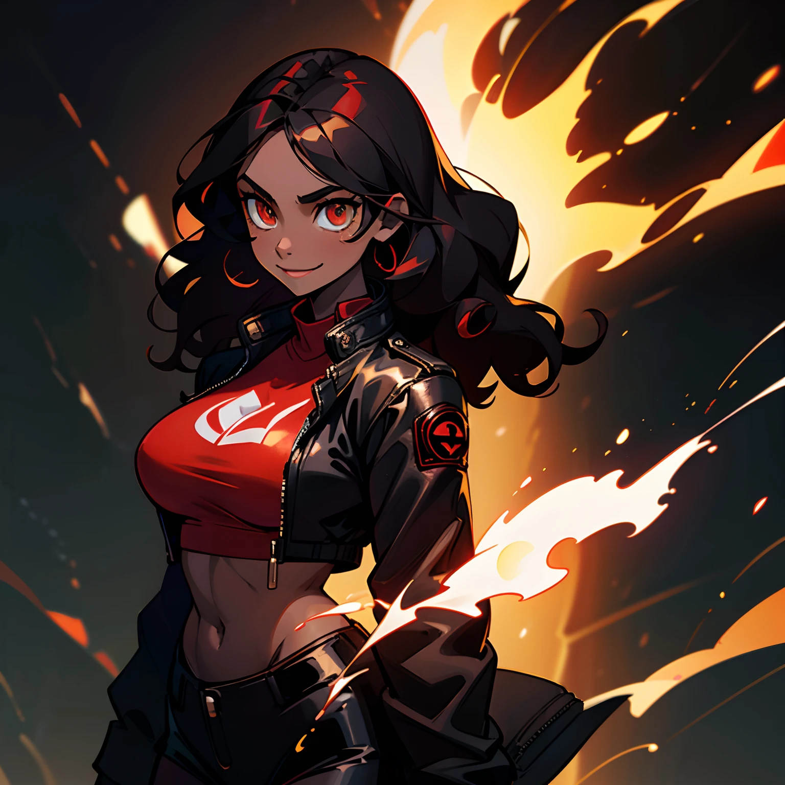 ((solo character)), ung adult woman, cocky smile, shiny golden eyes, big breasts, strong body, ((black woman)), ((black skin)), leather jacket, red t-shirt, black wavy hair, fire background, half body view