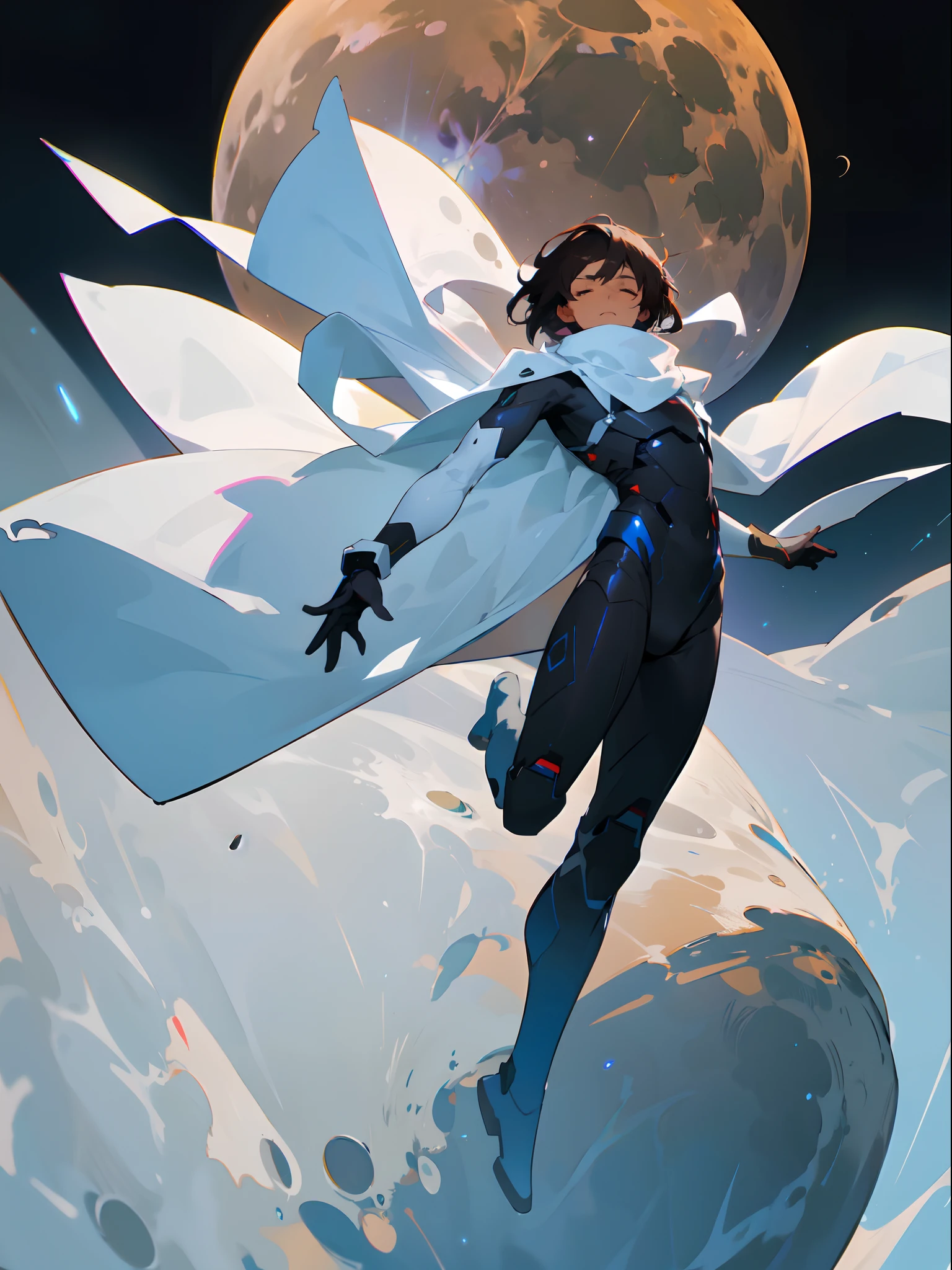 Masterpiece, highres, High quality, Dark skin , male, medium dark brown hair hair, eyes closed, wearing a black full body exosuit, white long multi torn scarf, white cloaks, floating on the moon, floating, looking st planet earth,