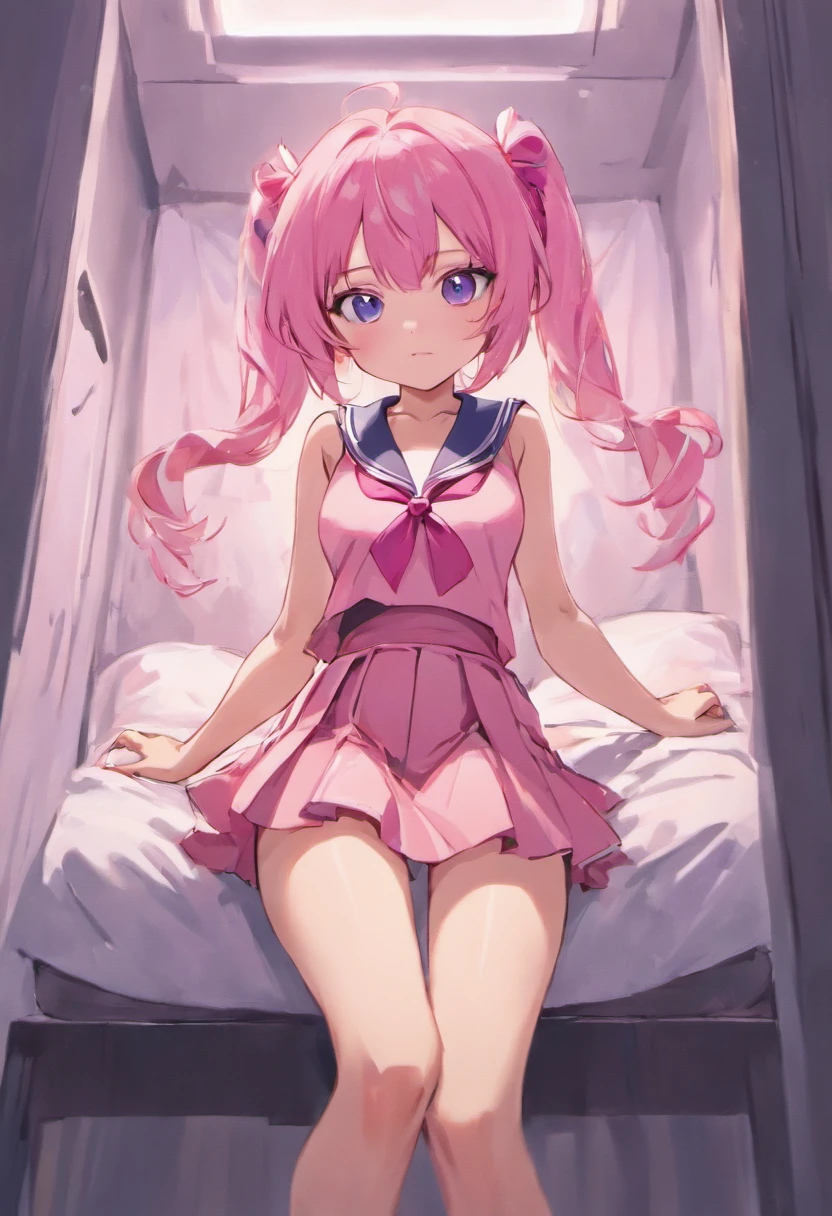 Beautiful illustration、top-quality、Cute little girl s、Bedroom、A pink-haired、long whitr hair、(((Pink pleated skirt)))、(((Pink sailor suit)))、short- sleeved、Colossal tits、a navel、Turn up the skirt with your hands、showing white panties、Pull up the skirt，The reveal panties、Bare legged、eBlue eyes、on top of the bed、Lovely thighs、glowing thigh