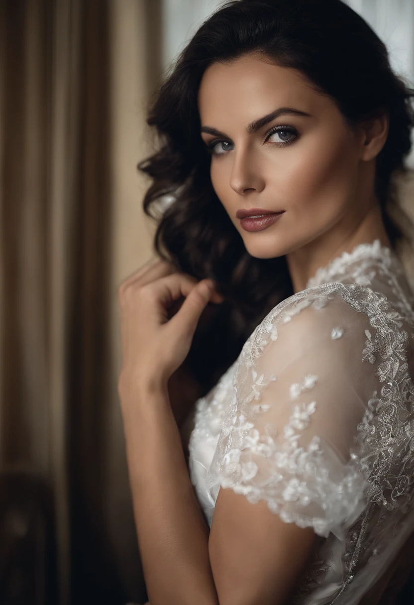 beautiful detailed woman, realistic portrait, stunning features, captivating eyes, seductive lips, flowing dark hair, flawless skin, elegant pose, black shirt, sensual allure, mysterious atmosphere, hotel bedroom, intimate setting, lacy black lingerie, suggestive ambiance, crepuscular lighting, high-resolution image, hyperrealistic details