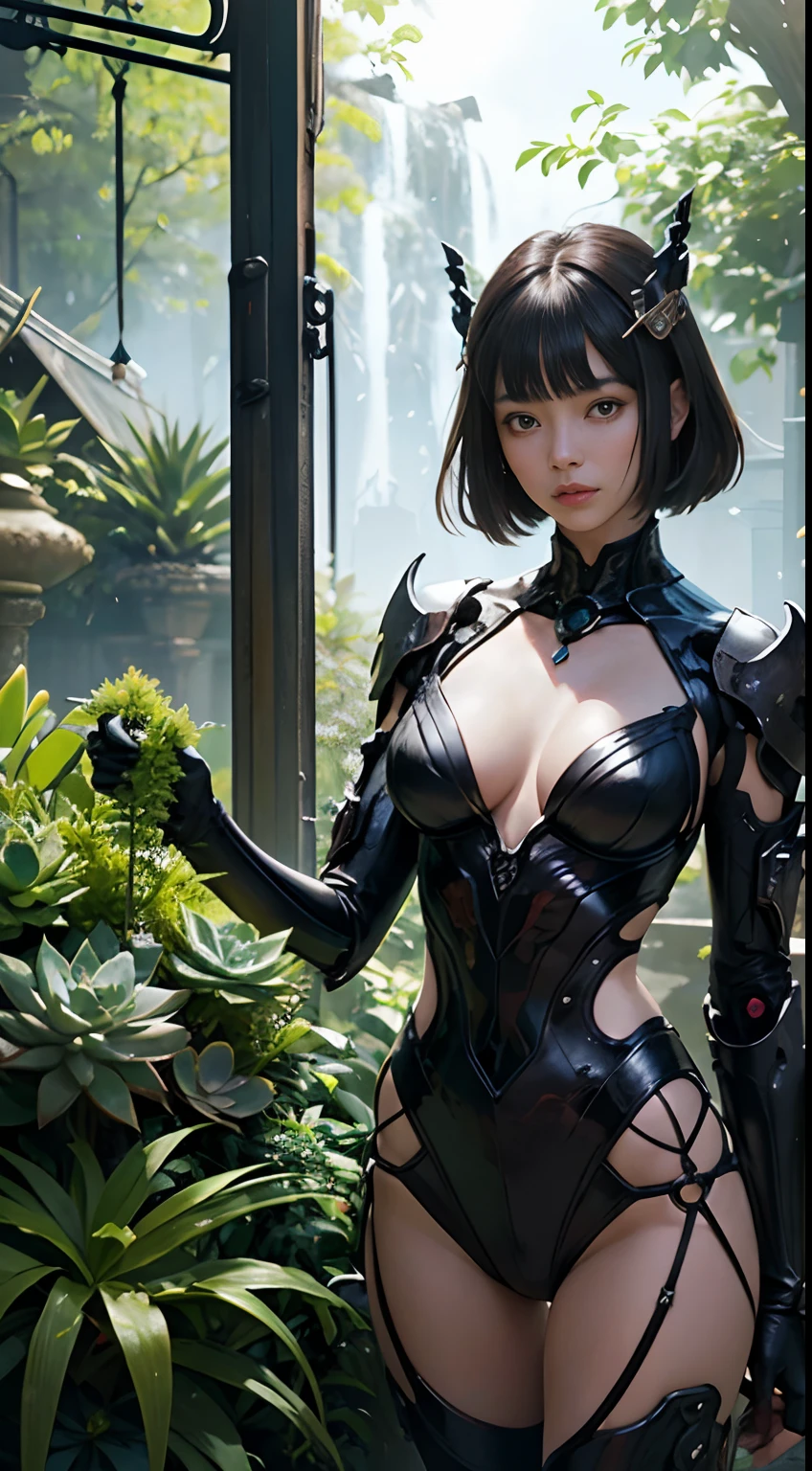 Arthur Rackham, Katsuhiro Otomo, Surreal, mysterious, strange, fantastical, fantasy, Sci-fi, Japanese anime, chemical composition and atomic arrangement of minerals, Beautiful cyborg girl, perfect body, ore garden, succulent plants, lawn paradise, detailed masterpiece depth of field cinematic lighting