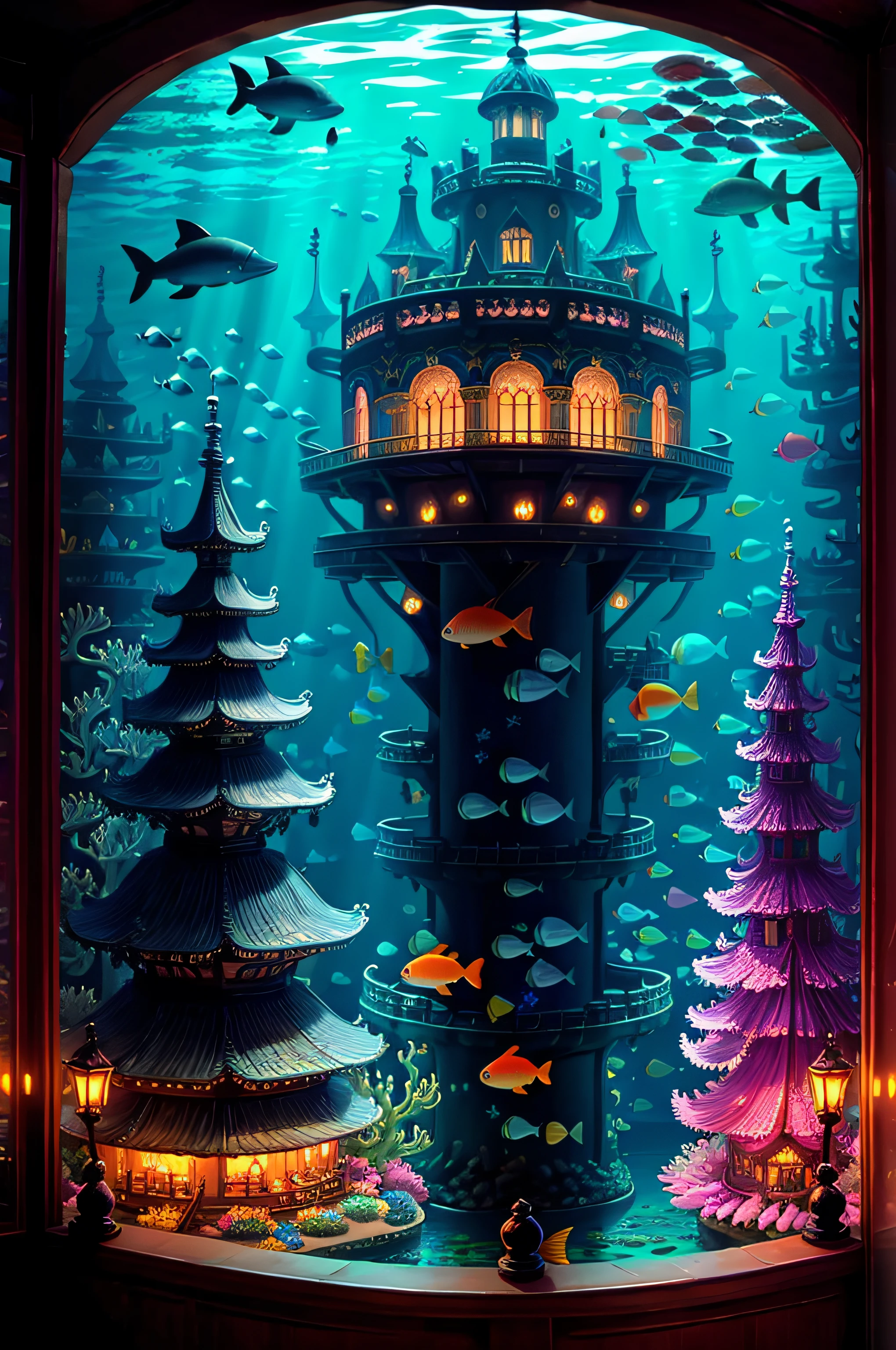 A living underwater city, illuminated by bioluminescent corals and aquatic plants, where fish of all kinds swim gracefully around. In the city center there is a huge, ornate shell throne adorned with pearls and shell jewellery, surrounded by colorful fish, carriages drawn by dolphins carrying dignitaries to the palace, giant sharks