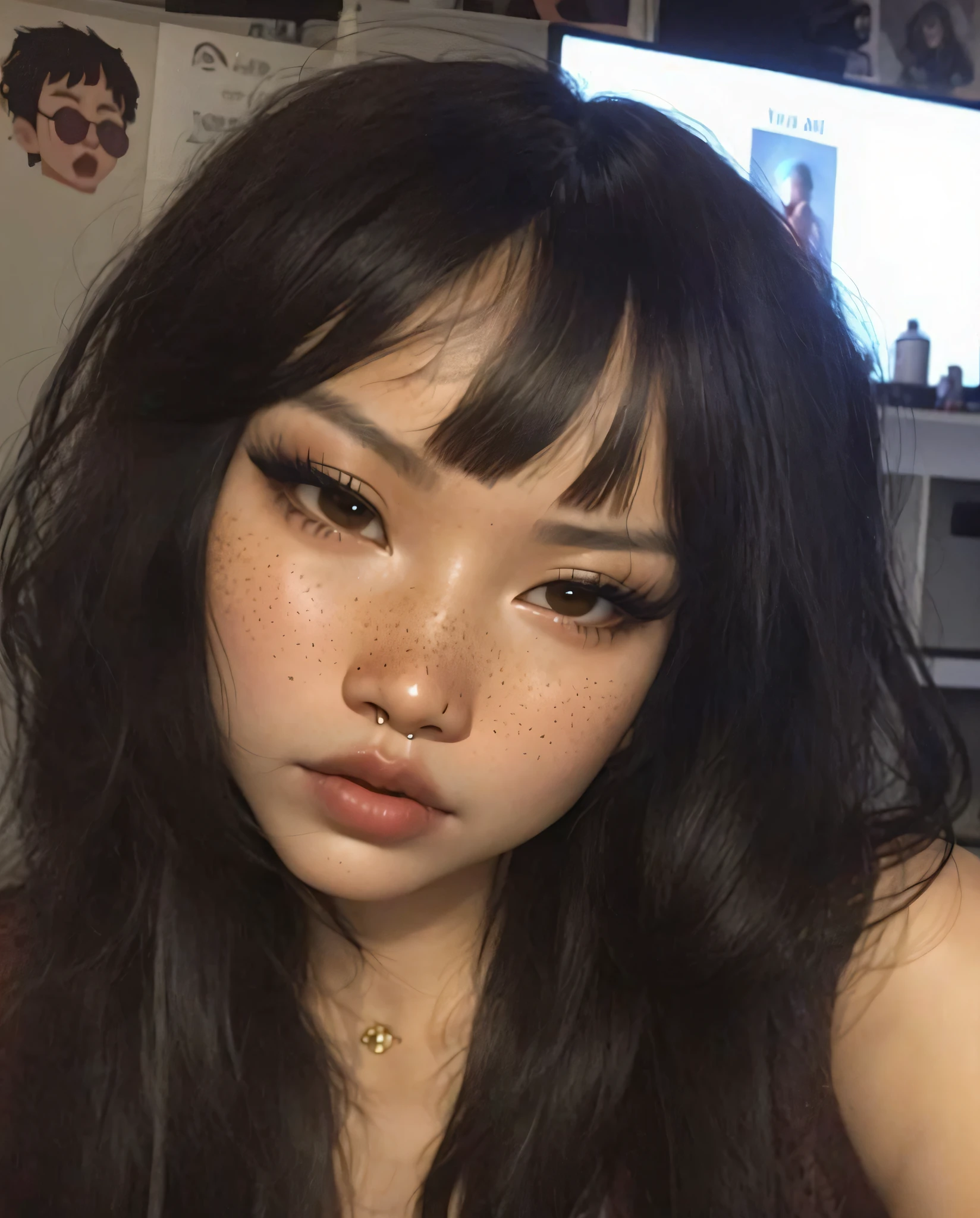 a close up of a woman with freckles and a fake face, detailed face of a asian girl, sexy face with full makeup, fluffy bangs, asian face, south east asian with round face, heavy makeup, pale round face, asian features, china doll face, ugly look, aesthetic face, with full bangs, perfect detailed face, black hair and large eyes