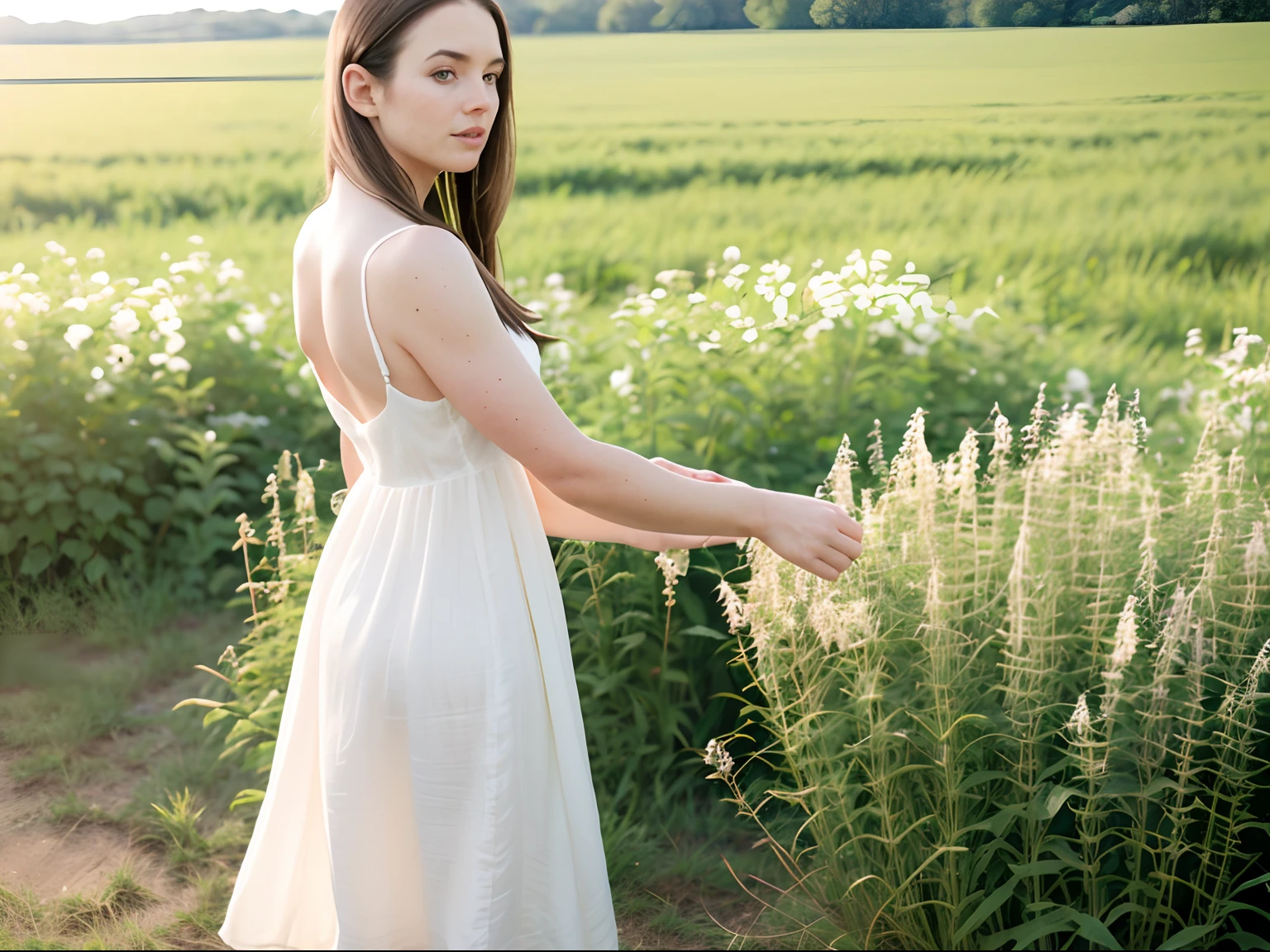 hyper-realistic photo of Angela White, (wearing a short, flowing white linen dress), in a lush green field, natural light, natural lighting ((late afternoon sunlight)), soft shadows, vibrant colors, (analog photo, kodak ultramax 400)