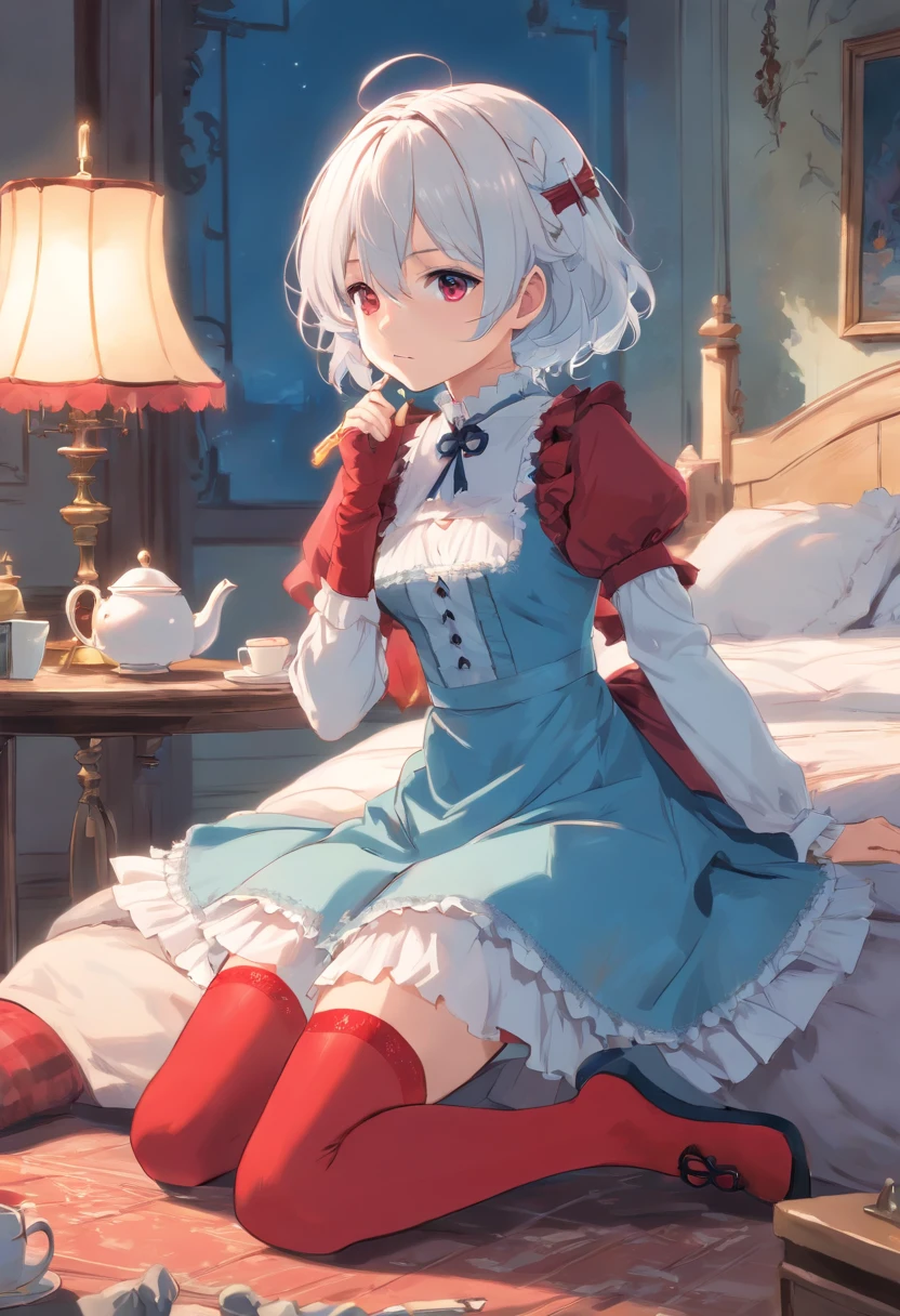 masterpiece, best quality, movie still, 1boy, waist-length (curly) (white) hair, (red) eyes (cross pupils), (flat chest), (victorian) (pastel blue) (ta) dress, (thigh highs), (bedroom), (sitting), tea party, (gothic), (medieval)