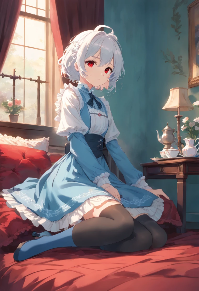 masterpiece, best quality, movie still, 1boy, waist-length (curly) (white) hair, (red) eyes (cross pupils), (flat chest), (victorian) (pastel blue) (ta) dress, (thigh highs), (bedroom), (sitting), tea party, (gothic), (medieval)