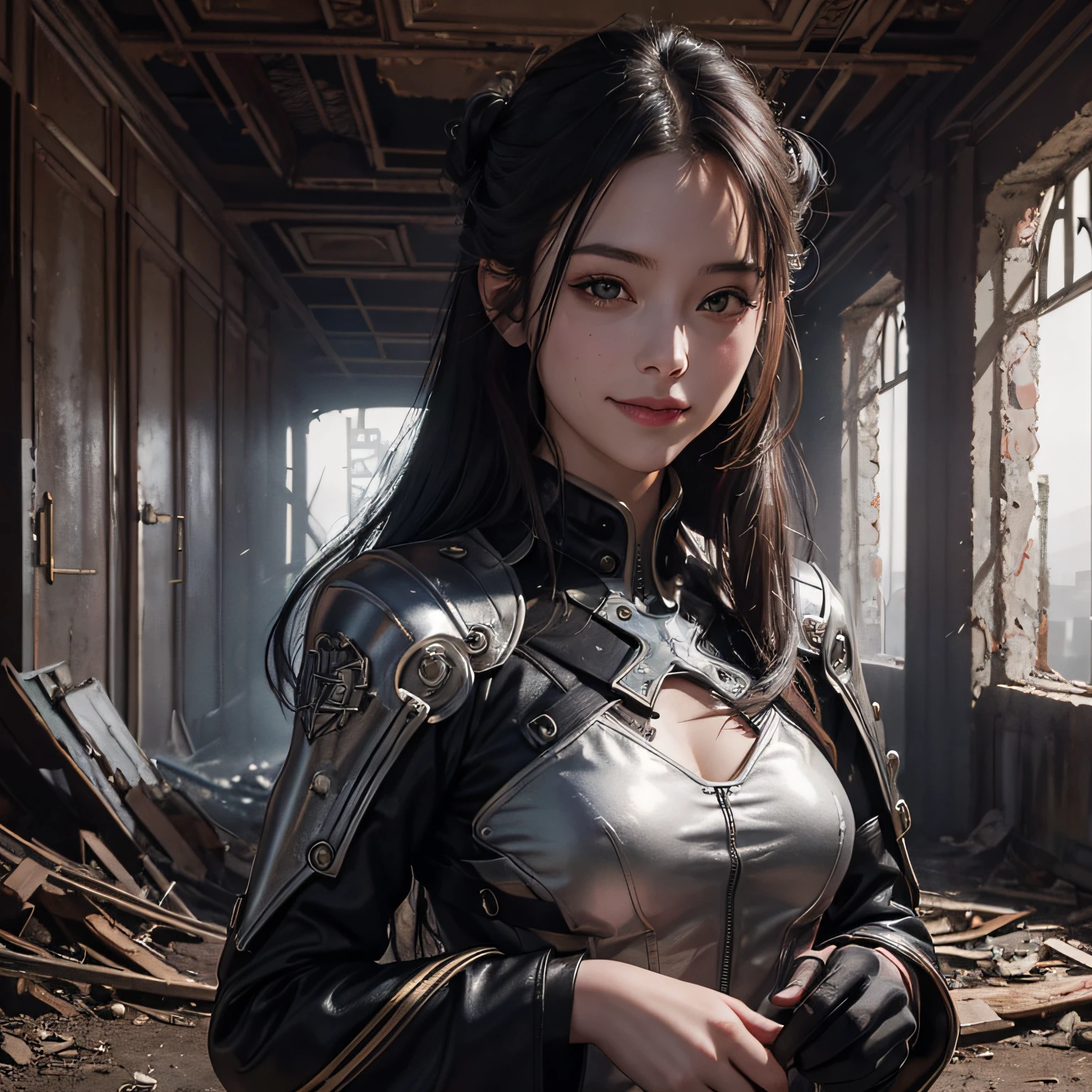 Photo, Photorealistic, Dark, Twilight, masutepiece, Super detail, High quality, awardwinning, 8K, Horror, Girl, Solo, Smile, Clothing made of metal materials, futuristic fashion, In an abandoned castle, Remains of buildings, (废墟), in Europe, Lightning, Thunder