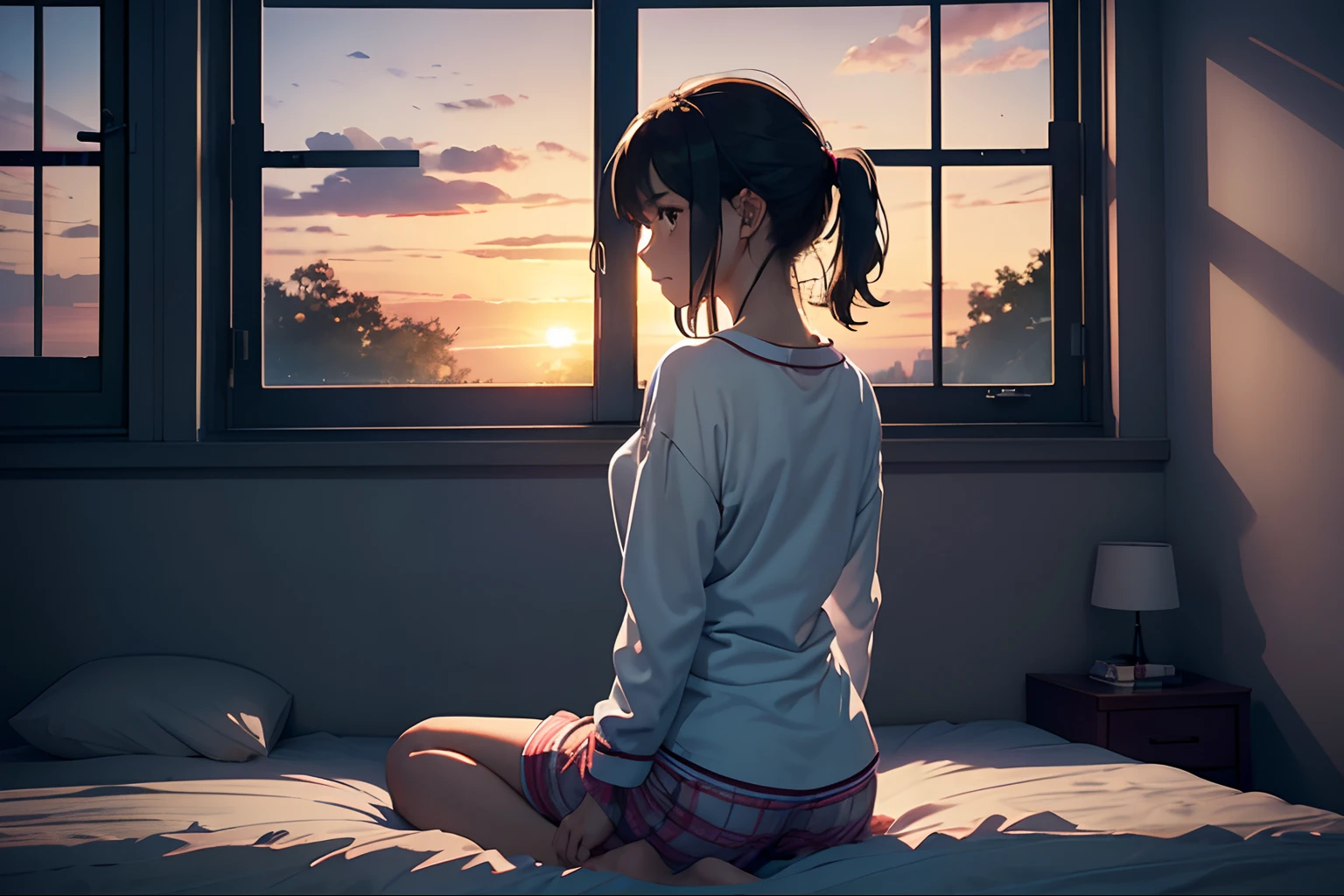 Masterpiece, best quality, girl, bedroom, bed, window, sitting on the bed, stretching, sleepy, pajamas, pajama shorts, comfortable clothes, comfortable image, comfort, dawn, sun rising, a girl sitting on the bed, she is sleepy, she is sitting on the bed lazing around, she is facing the window, she is looking at the dawn, she is wearing a pajama top and pajama shorts, she is wearing comfortable clothes, ((window showing the dawn)) , (she looking at the window and her back is to the viewer), girl sitting in bed stretching after waking up while looking at the dawn through the window,