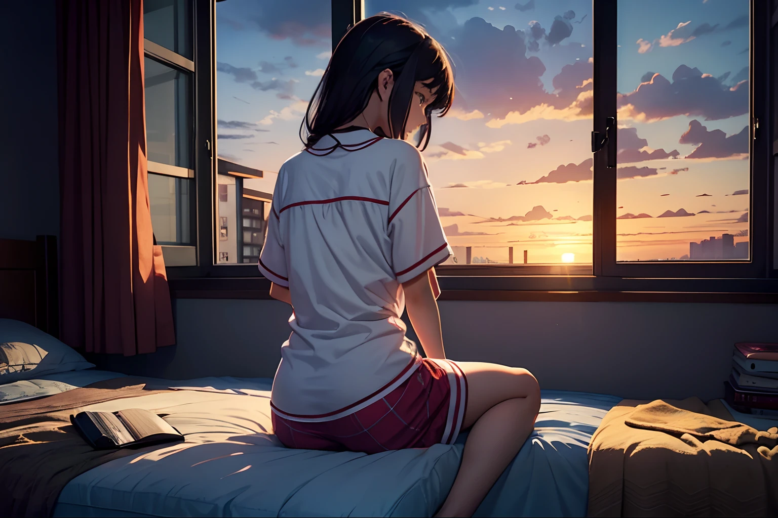 Masterpiece, best quality, girl, bedroom, bed, window, sitting on the bed, stretching, sleepy, pajamas, pajama shorts, comfortable clothes, comfortable image, comfort, dawn, sun rising, a girl sitting on the bed, she is sleepy, she is sitting on the bed lazing around, she is facing the window, she is looking at the dawn, she is wearing a pajama top and pajama shorts, she is wearing comfortable clothes, ((window showing the dawn)) , (she looking at the window and her back is to the viewer), girl sitting in bed stretching after waking up while looking at the dawn through the window,
