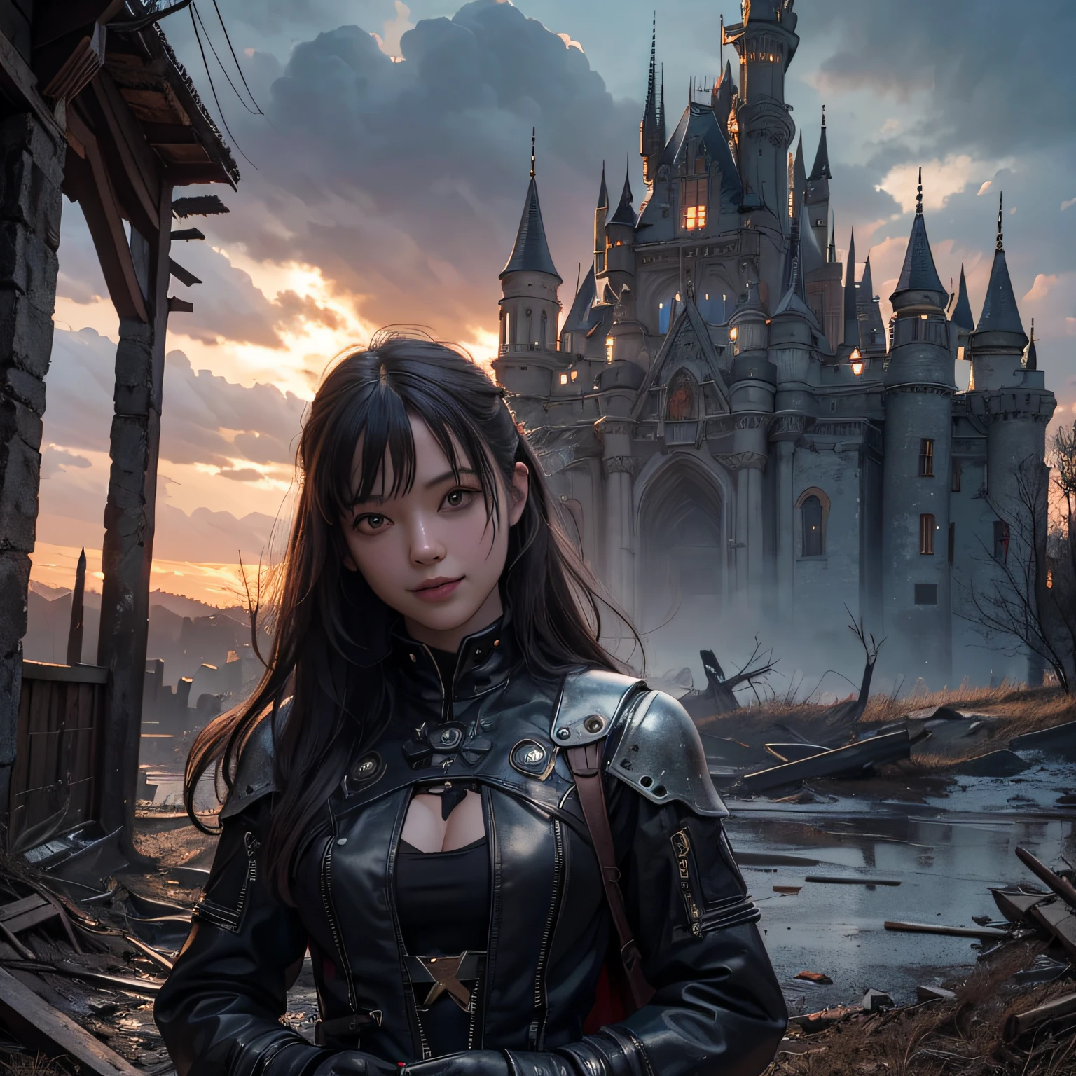 Photo, Photorealistic, Dark, Twilight, masutepiece, Super detail, High quality, awardwinning, 8K, Horror, Girl, Solo, Smile, Clothing made of metal materials, futuristic fashion, In an abandoned castle, Remains of buildings, (废墟), in Europe, Lightning, Thunder