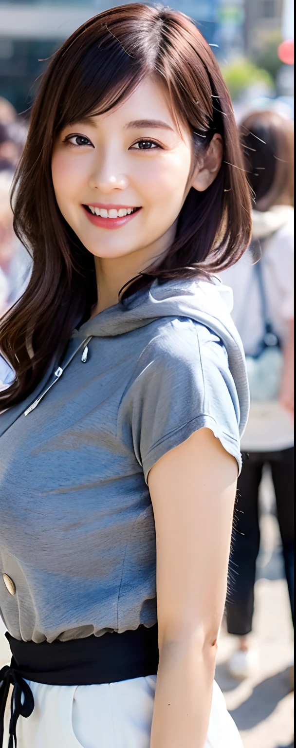 (8k, RAW photos, top quality, masterpiece: 1.2, ultra detailed, super resolution, real photos: 1.37), (Full body photo), 1 noble elegant Japanese lady, plumw, (standing contrapposte), Denim skinny little shorts, Thighs white, Good skin radiance, over-size nylon hoodie, tight-fitting, large pelvis, Black heels, Shiny, mature pretty woman, Moist clothes, Smile, Daylight, Looks like 1.8 meters tall, Large breasts, big cuvy hips, Thin waist, Long legs, skin hyper-detail, 45 years old, Perfect face, Fantastic look, (Detailed facial features), Wavy hair, center of street, crowd of people,