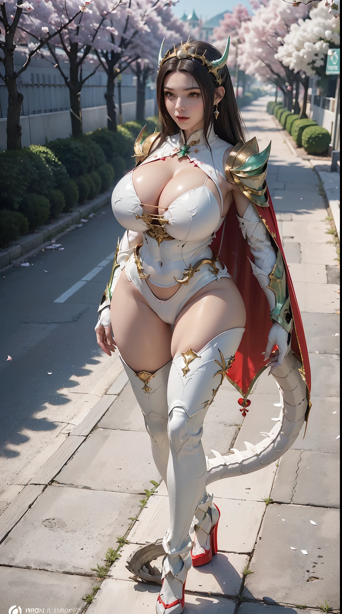 1GIRL, SOLO, (ssmile, makeup, beautifull eyes, red libs, gold dragon horn helm), (BIG BUTTOCKS, HUGE BOOBS:1.4), (DRAGON GUARD ARM, GLOVES), (white, light green), (DRAGON MECHA CYBER ARMOR SUIT, ROYAL CAPE, CLEAVAGE, SKINTIGHT HOTPANTS, HIGH HEELS:1.4), (MUSCULAR BODY, SEXY LONG LEGS, FULL BODY:1.5), (MUSCLE ABS:1.2), (LOOKING AT VIEWER:1), (WALKING DOWN ON STREET CHERRY TREES IN THE MORNING:1.3), PHYSICALLY-BASED RENDERING, ULTRA HIGHT DEFINITION, 8K, 1080P.