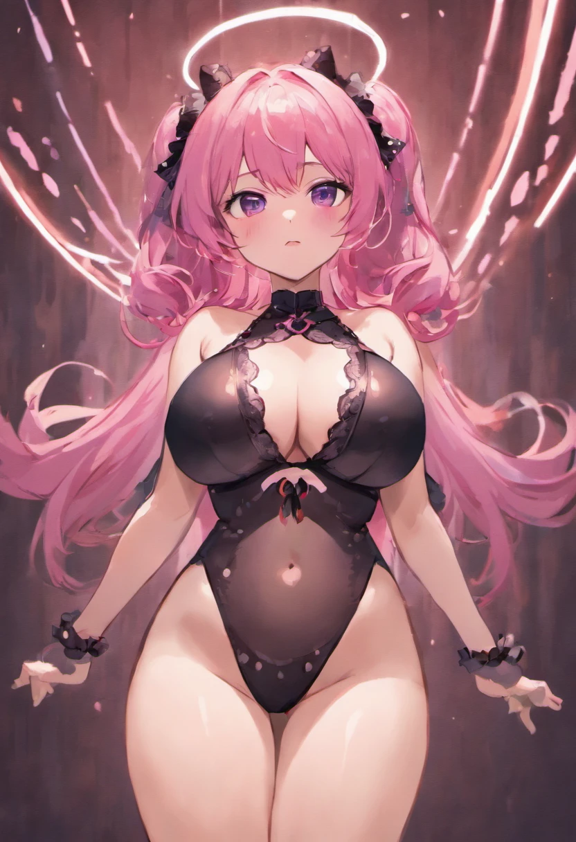 Anime girl, Cute anime girl with massive tits, huge boobs, gigantic boobs, big boobs, thin waist, super thick, voluptuous ass, thick thighs, wearing black polkadot panties, no bra, pink hair, huge tits, massive boobs