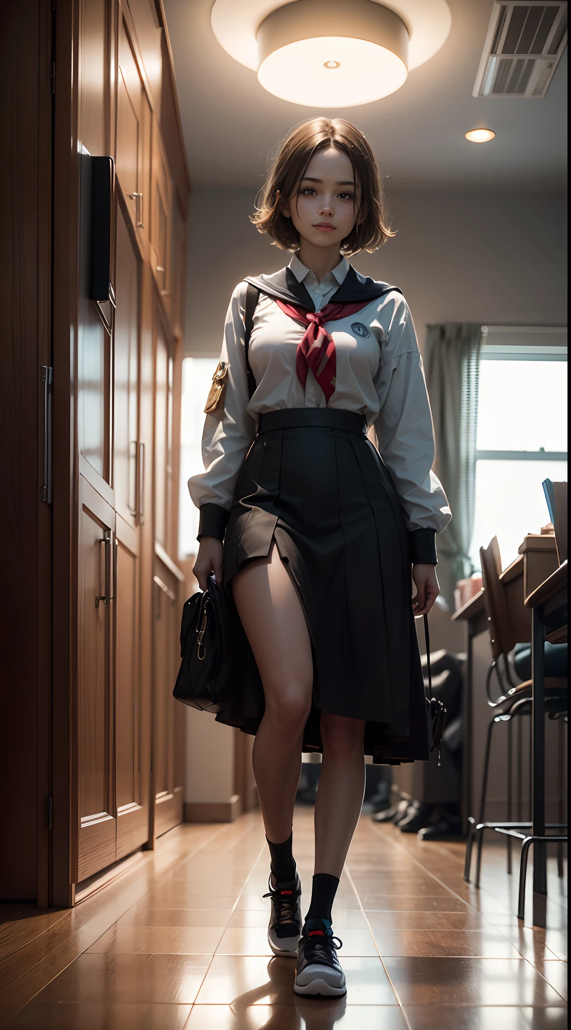 (Light Light,masutepiece:1.2),(conceptual,surrealistic) Artwork featuring a character with light brown hair, Tied dense black hair, Indoor shoes, Enlarged Students, A shy smile, Bright pupils, Elements of surrealism, futuristic vibe, High realism, Shallow depth of field, Reflectors, Backlit lighting, One-person viewpoint, F/1.2 Bokeh effect, Fine details, Anatomically correct, Textured skin, High quality, Render in 8K