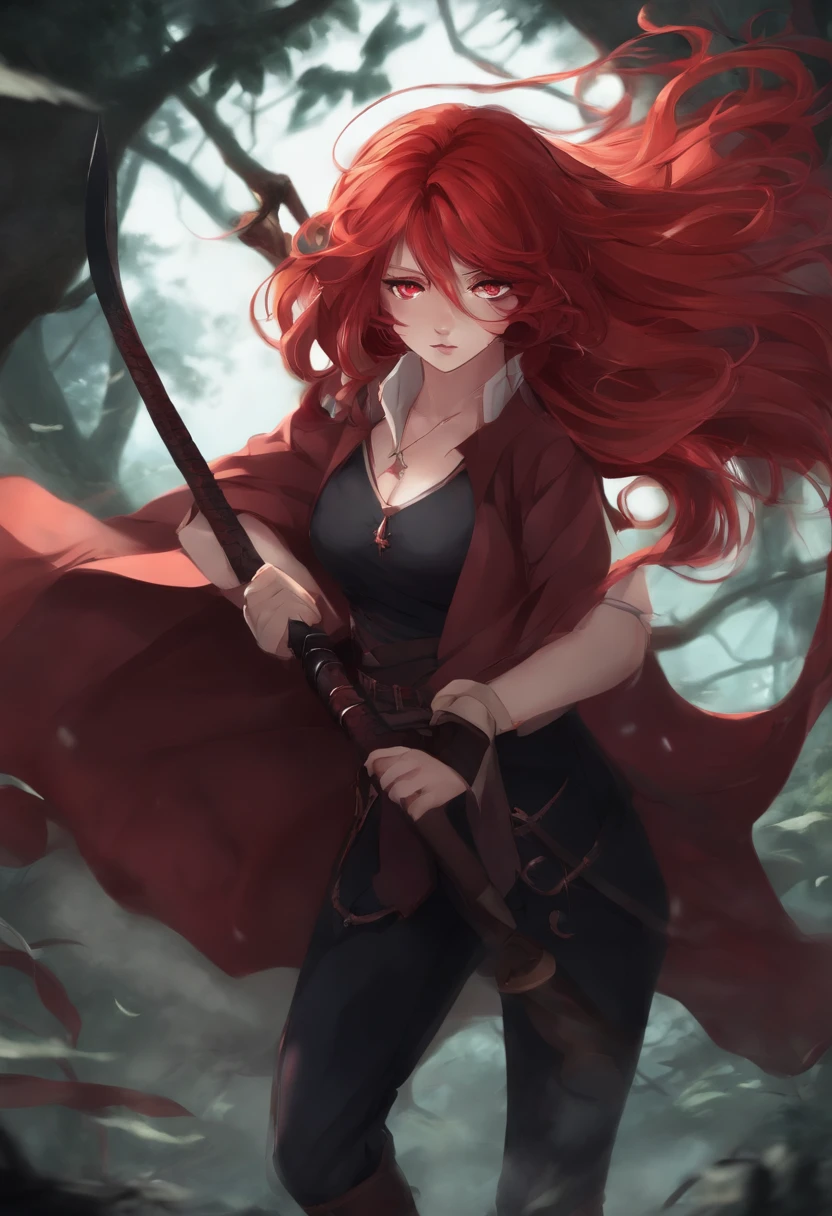 brown skin girl,Cat's ears,red hair color,wearing a black dress with white sleeves,at a forest,wielding a sword