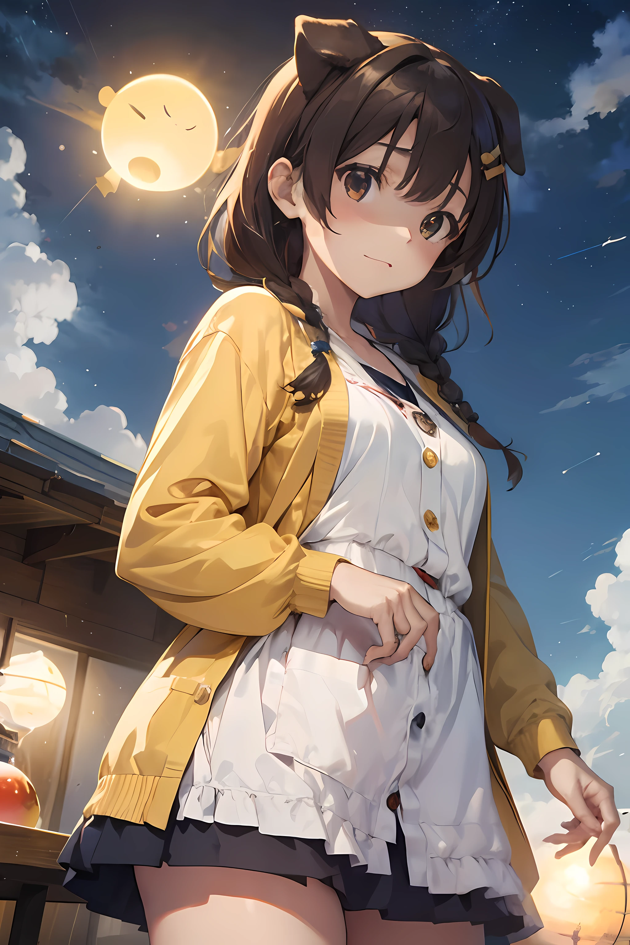 masterpiece, best quality, highres, ik4, floppy puppy ears, yellow cardigan, apron, hairclip, standing, cowboy shot, mature body, (medium breasts) ((((small orb above head)))), (perfect eyes)