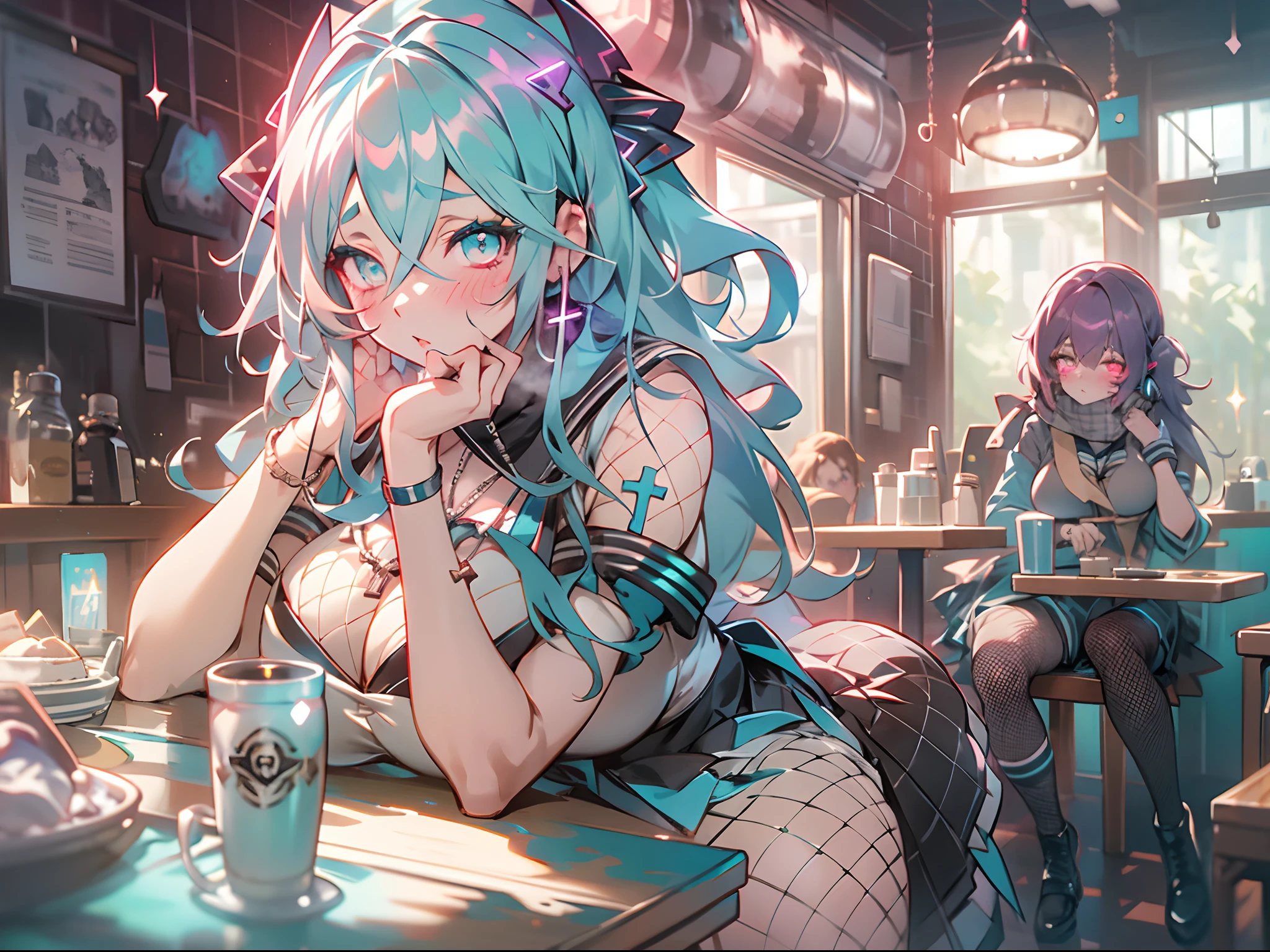 mother with big breasts ， Blush, Glowing eyes, Eyes visible through hair, eye shadows, Large area cyan pickaxe staining, serafuku, Lens flare, Earphone, view the viewer, cafe, fishnets pantyhose, cross-laced footwear, Sailor collar, necklace, Scarf, Highly detailed,
