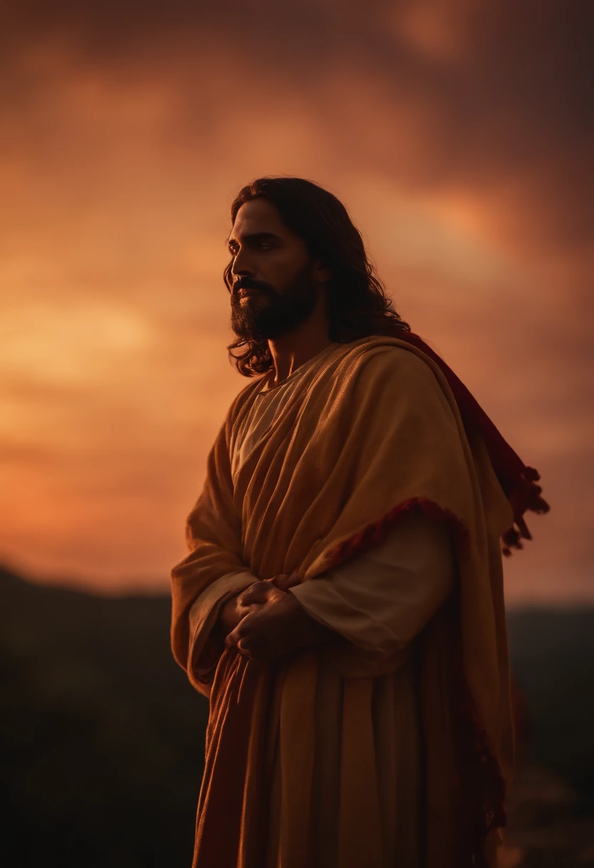 de um nascer do sol deslumbrante, with vibrant colors 
filling the sky with image of Jesus.