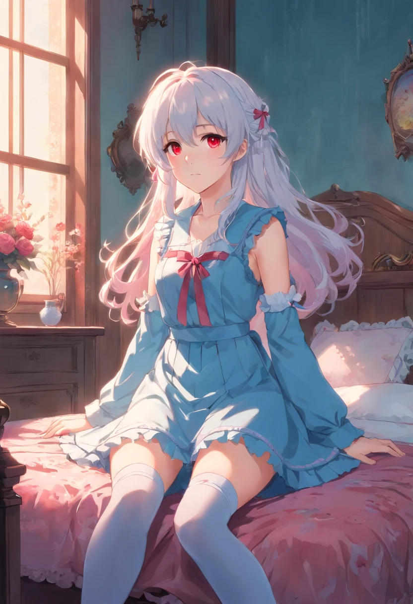 there is a woman in a maid outfit laying on a bed, small curvy loli, loli, 2b, 2 b, gaping mouth, huge black round hole, large gaping mouth, hyperrealistic schoolgirl, ahegao, with mouth open, a hyperrealistic schoolgirl, dripping saliva, anime 3 d art, pixiv 3dcg