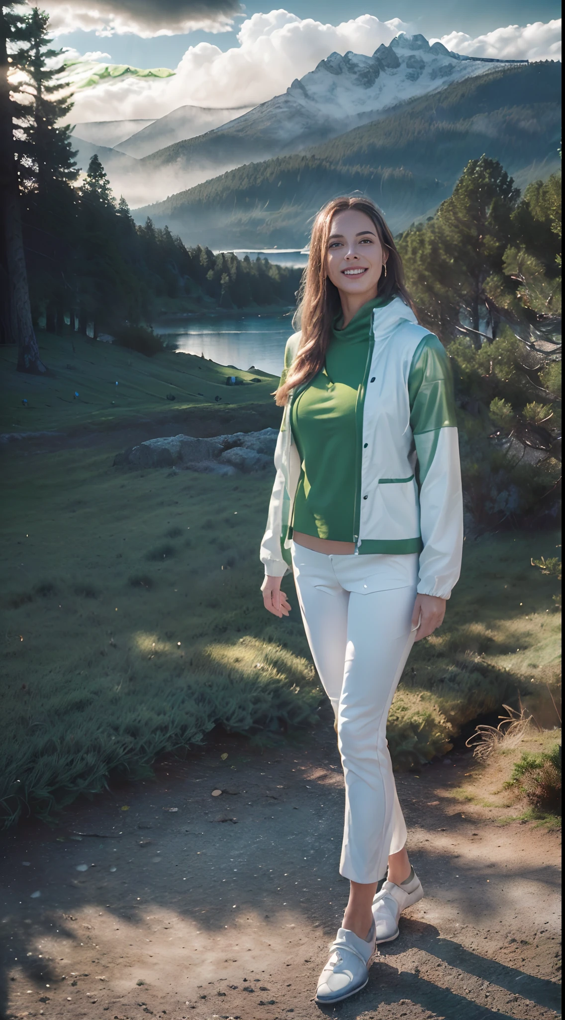 A woman with brown hair, 40 years old, ((Viking), (((upper body portrait, happy)), nature, lake on the mountain, (((cloudy weather)), ((late afternoon)), ((white clothes with green lining), pine trees at the foot of the mountain, cold clothes, realistic lighting, realistic shadows, ultra realistic, photorealistic, 8K, Full HD