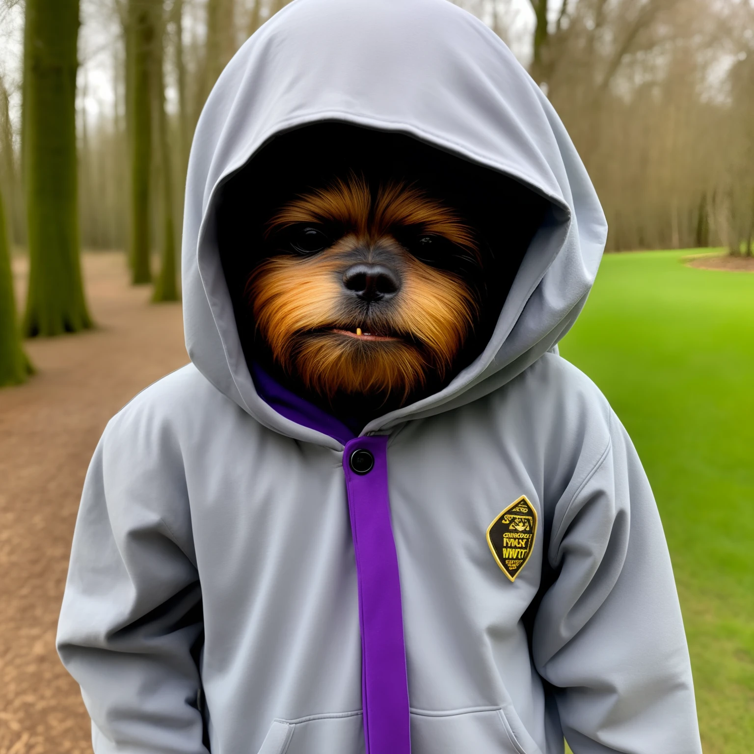Grey Ewok from Star Wars with a purple hood