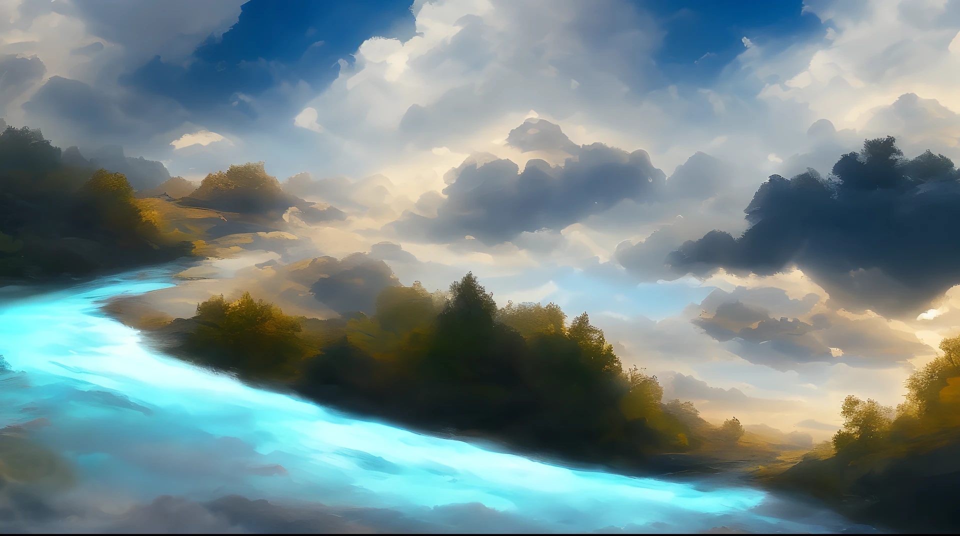 (magical pretty sky blue stream overlay scene), (sky), (clouds), soft lighting, clean background, beautiful sky scenery, masterpiece, high quality, beautiful graphics, high detail,painted by Thomas Kincaid, artstation, sharp focus, inspiring 8k wallpaper,