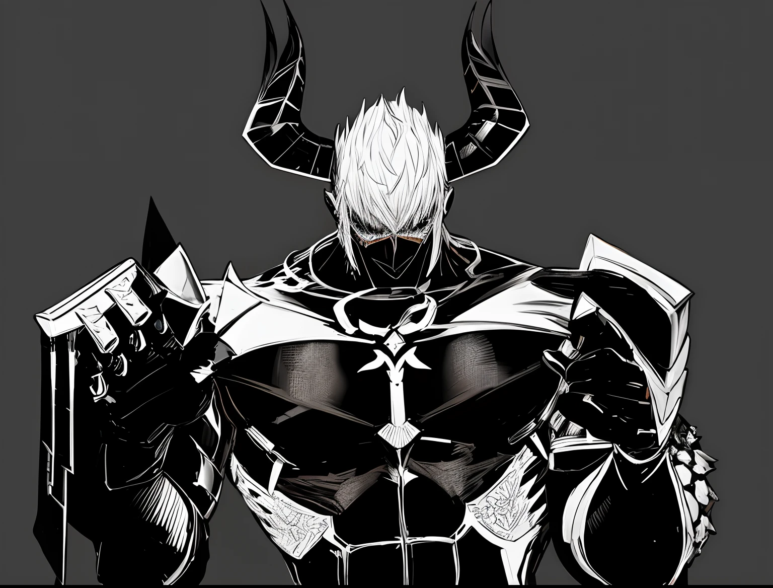 Un dibujo en blanco y negro de un hombre con un bate en el pecho, de Overlord, Es muy amenazante y malvado, pose amenazante, en una pose amenazante, dominar!!!, Berserk Skullknight Armadura Negra, like an ugly titan, mirada amenazante, los cuernos, demon armor, cyborg satan, Caballero malvado, Pose de villano