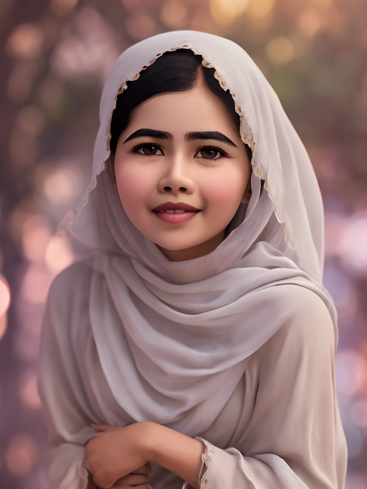 Malala Smiling, realistic image,Cinematic and photographic capture, photo shoot shot on 25mm lens, Depth of Field, Tilt Blur.Ambience: Soft light, creating a charming glow around Malala, highlighting her dynamic and elegant pose. --auto --s2