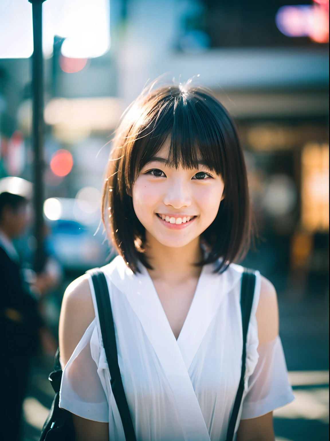 Japan women, a smile、barechested、tiny chest、Young Face, bob cut hair, morning, Window on the street, Incomplete details, Shot with Leica, analogue, 35 mm:: (Artistic light leakage:1.4), Lens Flare::4 - Style Raw - AR 2:3 --s 150 --c 4