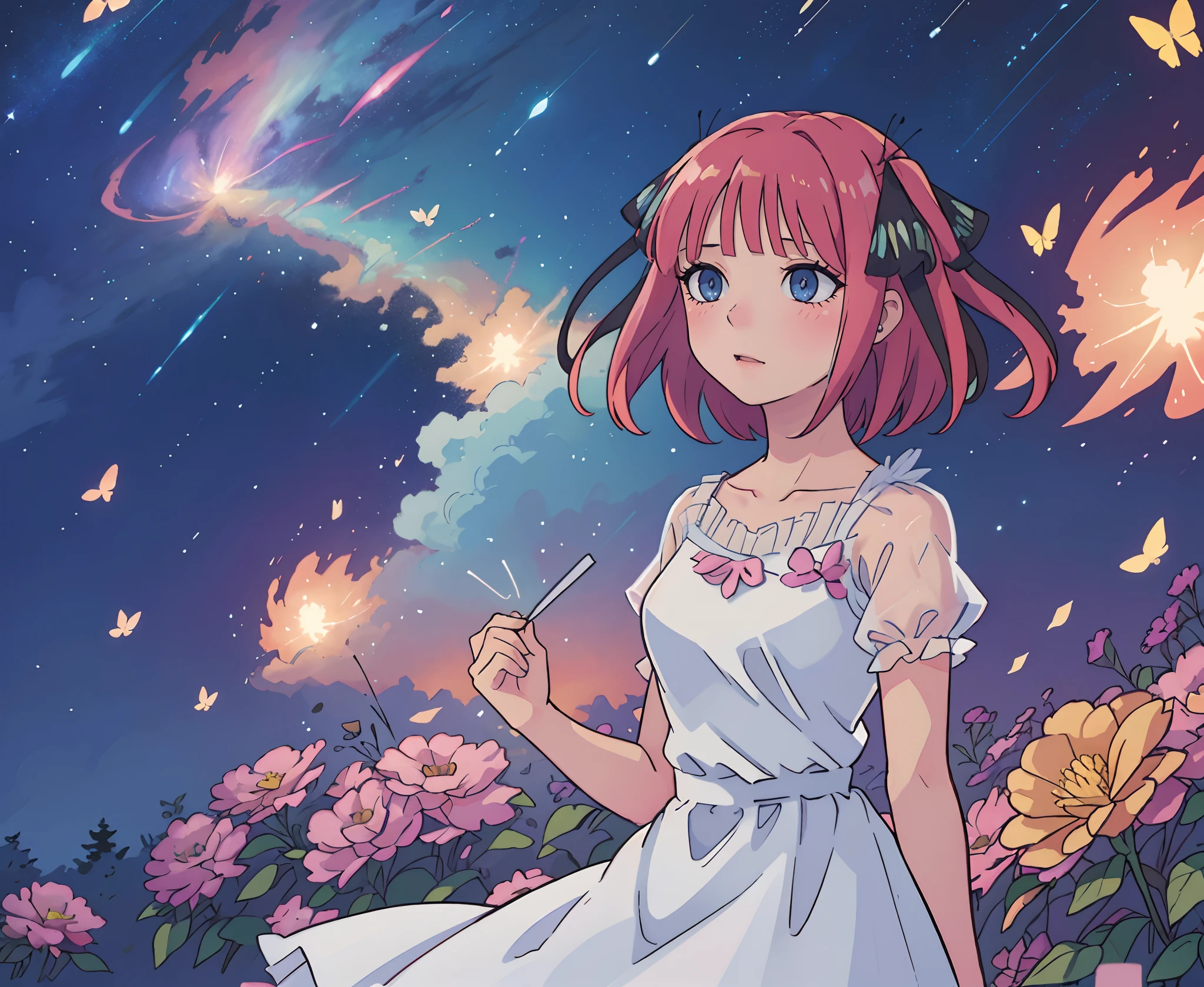 Wallpaper inspired by Your Name movie by Makoto shinkai. Starry sky, masterpiece, black silhouette, perfect anatomy, romantic, Kimi no na wa, extremely detailed faces. Cute faces, perfect faces, masterpiece, 4k, Sweet, blushing, Your Name style, kimi no na wa, starry sky, black silhouette, shadow, Nino Nakano, shoulder length pink hair, butterfly hair ribbons, soft frilly organza dress, flowing white dress, flowers, butterflies, fireflies, soft breeze, enchanting atmosphere, soft pastel colours, diffused dreamy light, nebula
