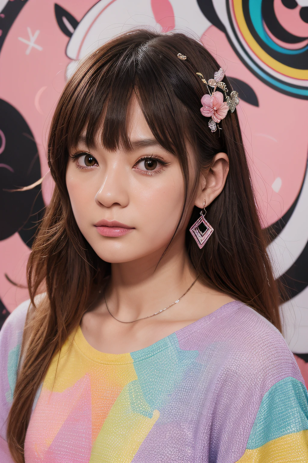 (8k,RAW photo, best quality, masterpiece, high resolution:1.4), High detail RAW color photo, professional photograph, (realistic, photo realistic:1.4), (finerly detailed face:1.4), (1 girl), (cowboy shot:1.4), (detailed frilled colored clothing and frilled skirt:1.4), (naughty face:1.4), (heavy make up:1.3), (drooping eyes:1.5), (eye liner:1.3), (eyeshadow:1.3), (fair skin:1.2), (sensual gravure idol), (gigantic breasts:1.5), (aegyo sal:1.3), (narrow face:1.3), (thin face:1.3), (colorful pops background:1.4), (dutch angle shot:1.5), (hair ribbon:1.2)