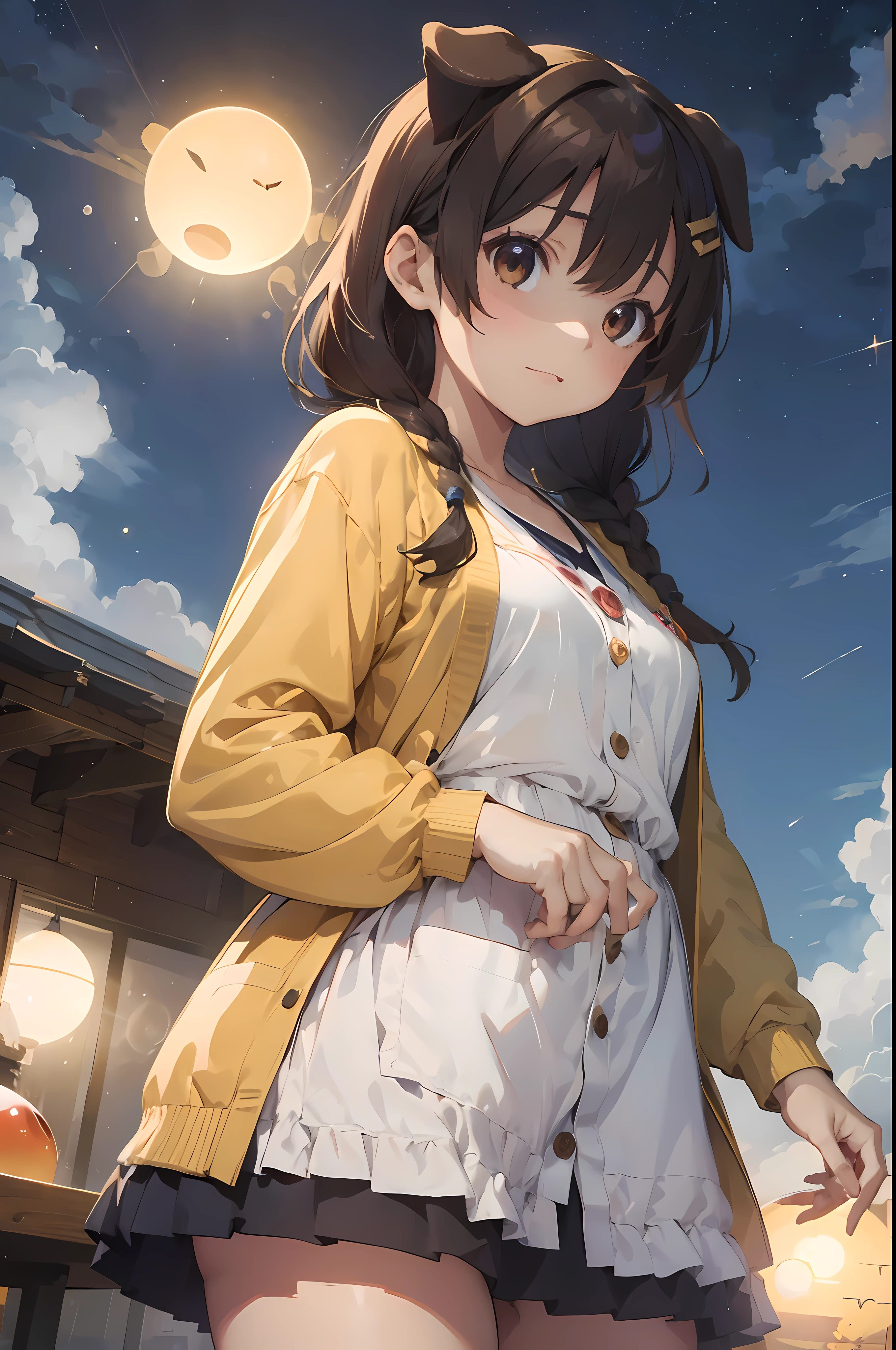 masterpiece, best quality, highres, ik4, floppy puppy ears, yellow cardigan, apron, hairclip, standing, cowboy shot, mature body, (medium breasts) ((((small orb above head)))), (perfect eyes)