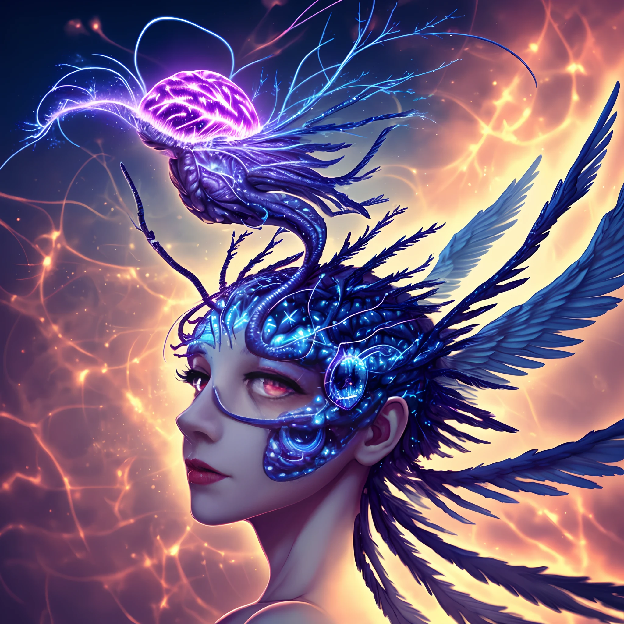 Brain with wings and full of eyes and hair of neurons
