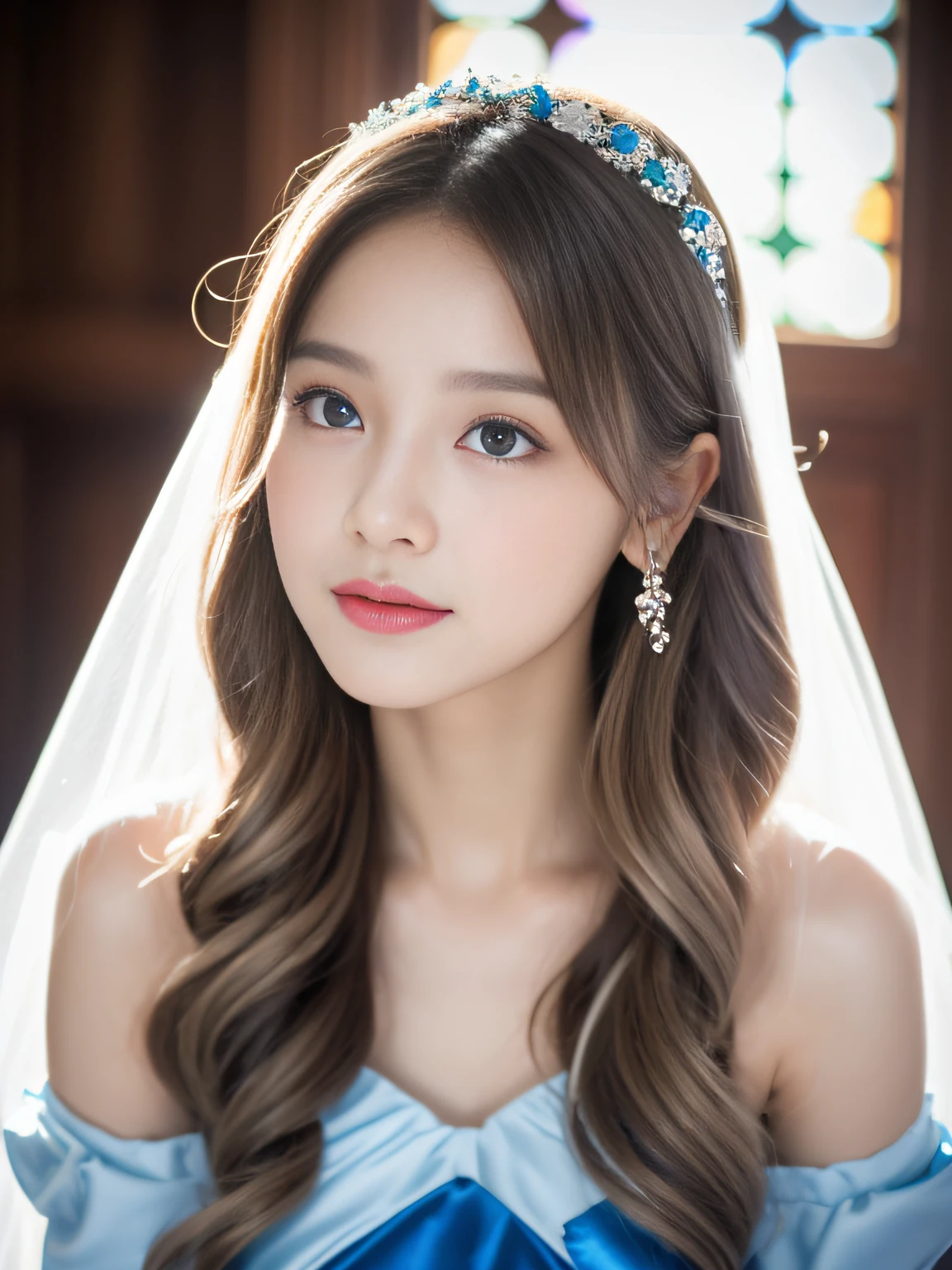 (32k,high detal,high-resolutionhigh-resolution,Attention to detail,full body Esbian,1 girl:1.3),Raw photo & realistic atmosphere,beautiful dark blue eyes,Detailed mouth,Glossy lips,Detailed eyebrows,Soft white skin that shines with every detail,Eyes drawn in detail、Blue eyes,Very beautiful eyes,Detailed lips、Very beautiful face,Very well-formed face、Lifelike face,shiny beautiful lips, Very beautiful bride, Japanese ido,Korean Idols,Japan fashion models, Japan Bride,Korean Fashion Models,Very beautiful but cute16-year-old girl,with a flushed face,Incredibly cute16-year-old bride,(A church with glittering light shining through stained glass and a fantastic church,Beautiful 16 year old girl kicks with legs up to camera:1.4),(Cinematic scenes:1.3),(well-shaped breasts,Immature body,Moist eyes,Elevated cold eyes:1.2),(aggressive16 year old beautiful girl,Be curious,taken from the under,Wide-angle shooting from below,Very silvery silver hair,The hairstyle is neatly rolled up, bundled and put on the head.,16 year old girl1a person,The skin of the whole body feels moisturized,Wearing a voluminous blue prom dress with fancy design,Black tights,Beautiful flashy girl with the cutest face in school,Sexy Beautiful Girl,Medium chest:1.5),(beautiful hair decoration,Luxurious and beautiful ornaments,Petals flutter in the air,Petals come down from the air,Brides with sexy, graceful and noble impression,Dressed in the bride's costume,silber hair,Silver hair,Flipping blue long prom dress by hand,Lifting the skirt of the blue bride gown to the last minute,Blue Bride Costume,Stand on the altar of the church,Call the camera,Step on the camera,Stomp on the camera,Standing on top of the camera and looking at the camera,The girl looks down at the camera with elation,Zoom to the girl's thigh from below:1.7)