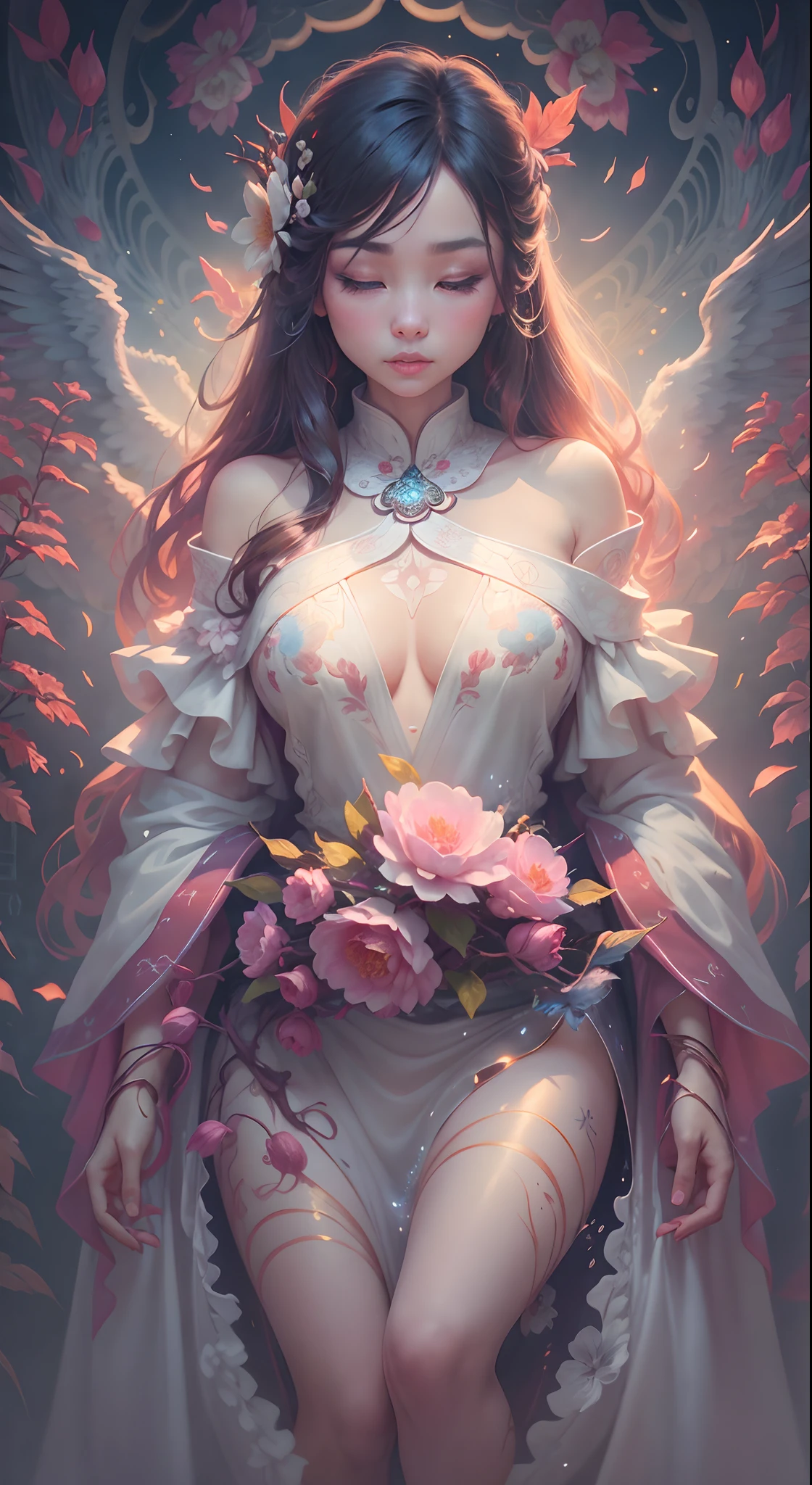 Extremely Ultrarealistic Photorealistic cute creature holding a flower, by James Jean and Android Jones: Jeff Koons: Erin Hanson: Joe Fenton: Dan Mumford: professional photography, natural lighting, volumetric lighting maximalist photoillustration 8k resolution concept art intricately detailed, complex, elegant, expansive, fantastical:1 girl,(white Chinese robe),
In a captivating scene, a beautiful woman adorned in a flowing white Chinese robe soars through the misty clouds on the back of a majestic Chinese phoenix. The wind gently lifts her robe, accentuating the sense of flight as they gracefully navigate the ethereal cloudscape. fluffy pink cotton candy gossamer mushroom trees, glowing bioluminescent rolling paths that tumble water spilling cascading rubble tumble timing padded leaves red pandas tiny yellow fairies darkness small lighted fires in circles, 24k resolution, hyperdetailed, photorealistic mythical mystical misty low foggy dews pixies porcelain elephants, fairy stories