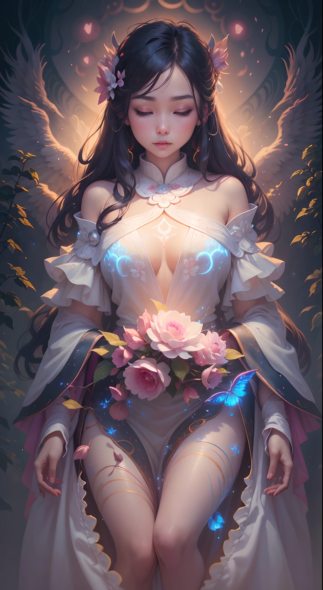 Extremely Ultrarealistic Photorealistic cute creature holding a flower, by James Jean and Android Jones: Jeff Koons: Erin Hanson: Joe Fenton: Dan Mumford: professional photography, natural lighting, volumetric lighting maximalist photoillustration 8k resolution concept art intricately detailed, complex, elegant, expansive, fantastical:1 girl,(white Chinese robe),
In a captivating scene, a beautiful woman adorned in a flowing white Chinese robe soars through the misty clouds on the back of a majestic Chinese phoenix. The wind gently lifts her robe, accentuating the sense of flight as they gracefully navigate the ethereal cloudscape. fluffy pink cotton candy gossamer mushroom trees, glowing bioluminescent rolling paths that tumble water spilling cascading rubble tumble timing padded leaves red pandas tiny yellow fairies darkness small lighted fires in circles, 24k resolution, hyperdetailed, photorealistic mythical mystical misty low foggy dews pixies porcelain elephants, fairy stories