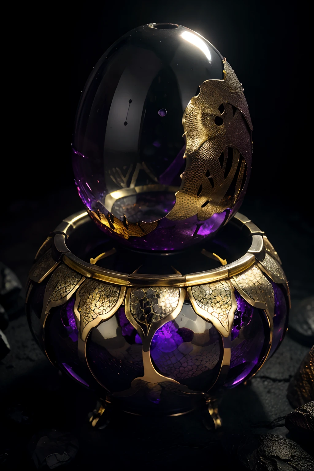 glass　krystal、Forming a dragon egg with silver and gold metal dragon scale half shell by mjart placed on black lava、Dark cave background with purple ambient light、Extremely colorful