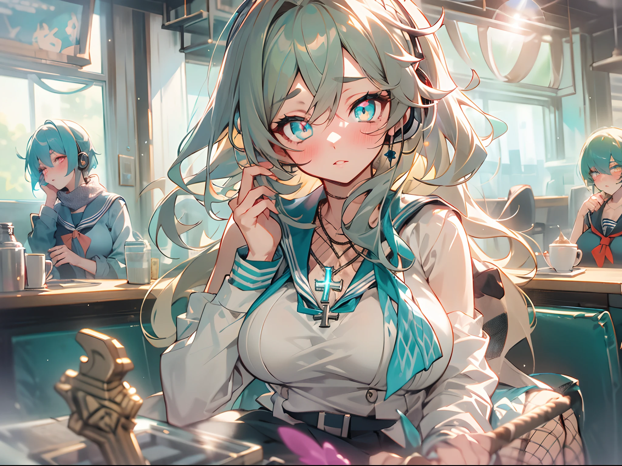 mother with big breasts ， Blush, Glowing eyes, Eyes visible through hair, eye shadows, Large area cyan pickaxe staining, serafuku, Lens flare, Earphone, view the viewer, cafe, fishnets pantyhose, cross-laced footwear, Sailor collar, necklace, Scarf, Highly detailed,